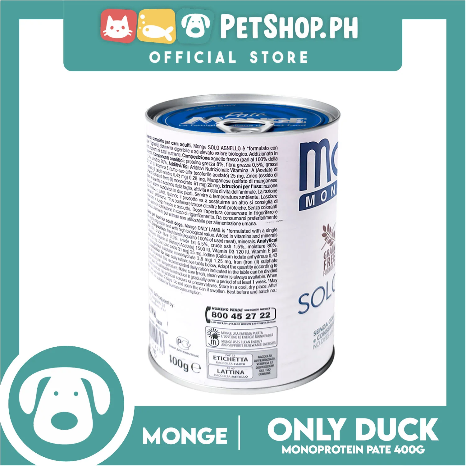 Monge Monoprotein Solo Pate Wet Dog Food, Grain Free 400g (Solo Anatra, Only Duck) For Daily Diet Of All Breeds Puppies Canned Food - Image 3