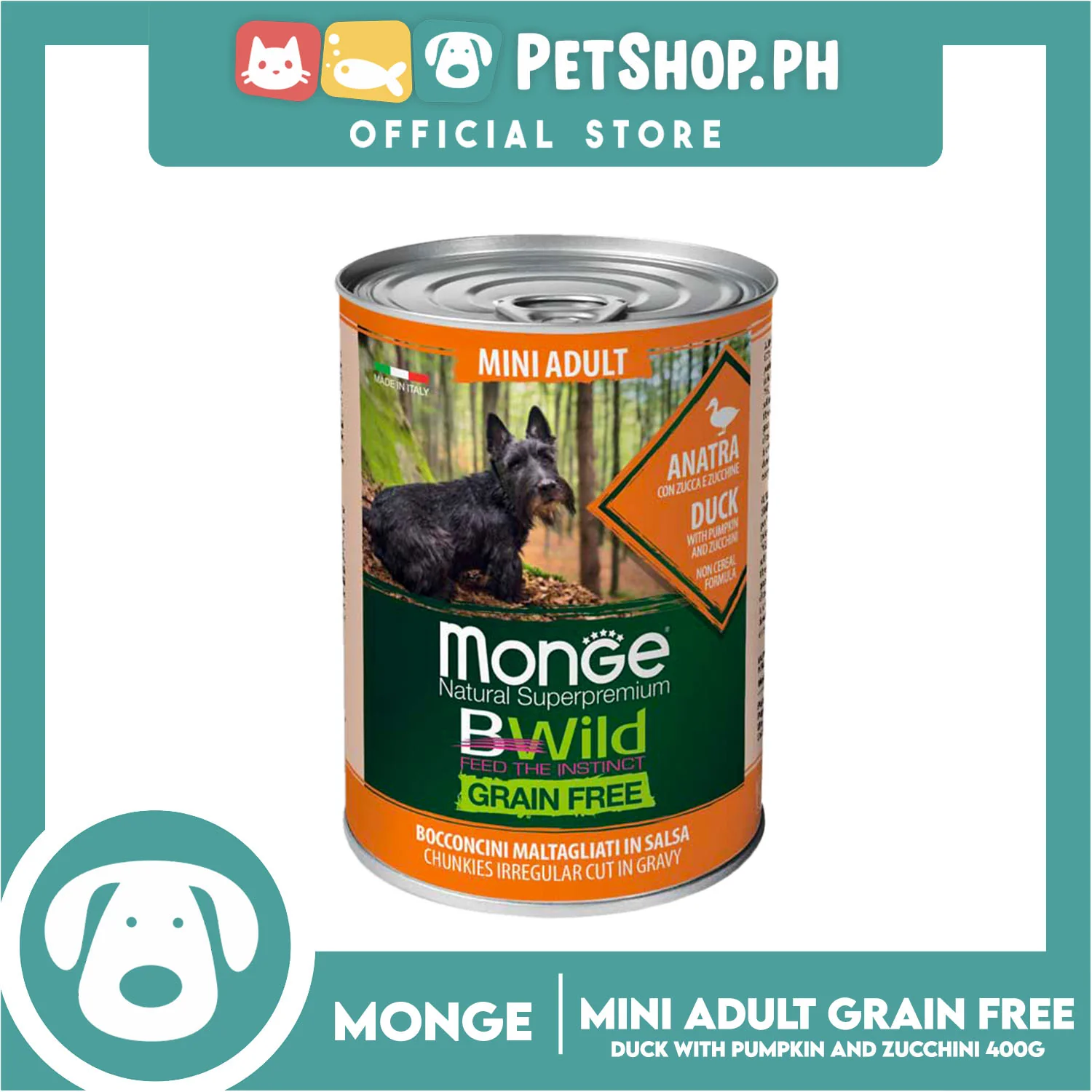 Monge Natural Superpremium BWild Feed The Instinct Grain Free Wet Dog Food For Mini Adult 400g (Anatra, Duck) Chunks Irregular Cut In Gravy, Dog Canned Food - Image 2