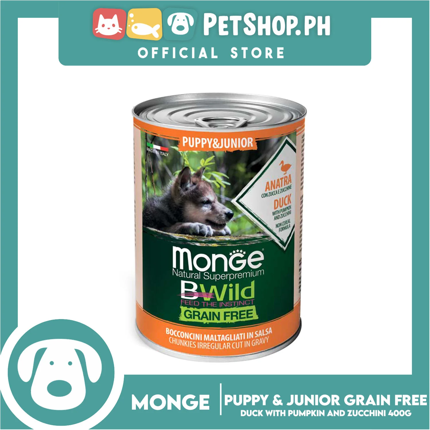 Monge Natural Superpremium BWild Feed The Instinct, Grain Free Wet Dog Food For Puppy And Junior 400g (Anatra, Duck) Chunks Irregular Cut In Gravy, Dog Canned Food - Image 2