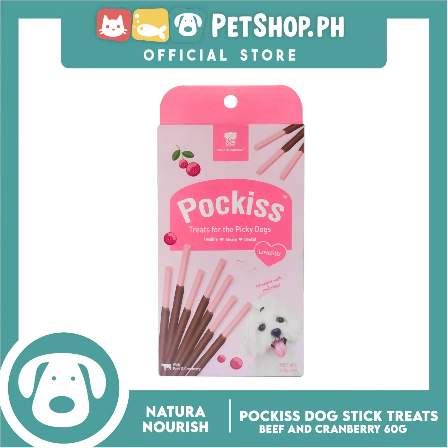 Natura Nourish Pockiss LoveStix Dog Treats (Beef and Cranberry) 60g - Image 2