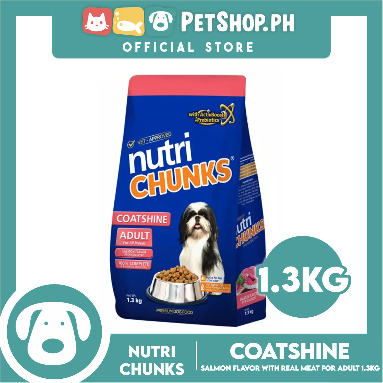 Nutri Chunks Coatshine Premium Dog Food, Adult For All Breeds 1.3kg (Salmon Flavor With Real Meat) 100% Complete And Balanced Nutrition, Dog Food