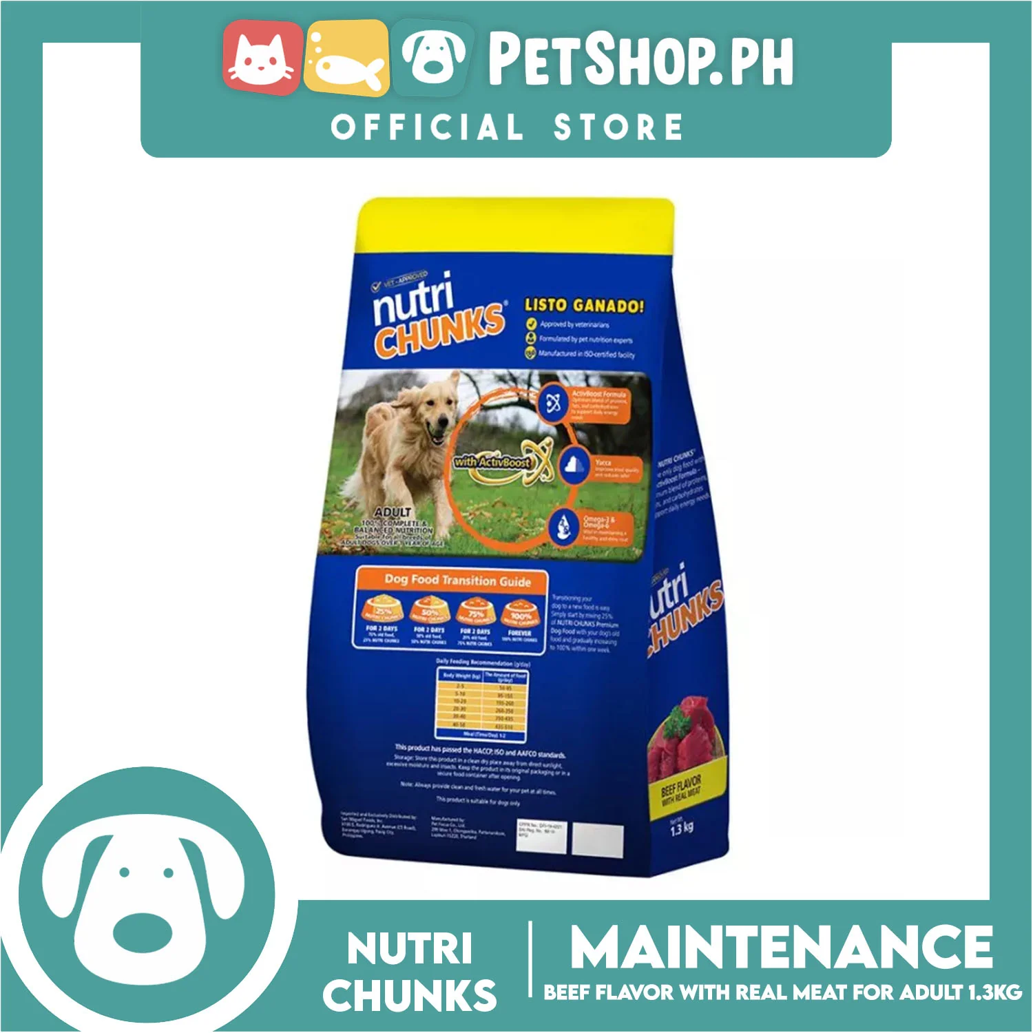 Nutri Chunks Maintenance Premium Dog Food, Adult For All Breeds 1.3kg (Beef Flavor With Real Meat) 100% Complete And Balanced Nutrition, Dog Food - Image 3