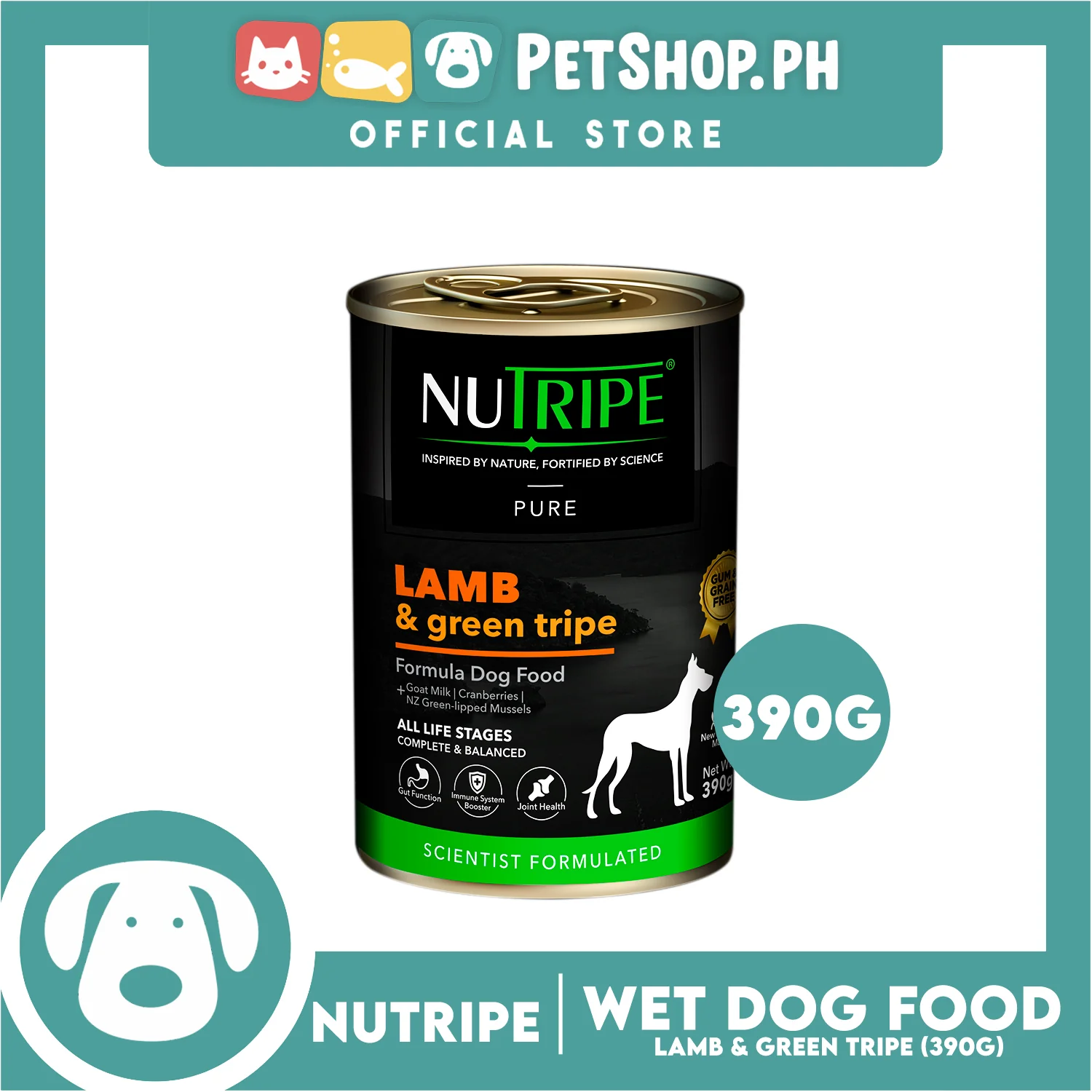 Nutripe Lamb and Green Tripe Pure (Gum-free) 390g Dog Wet Food for All Life Stages