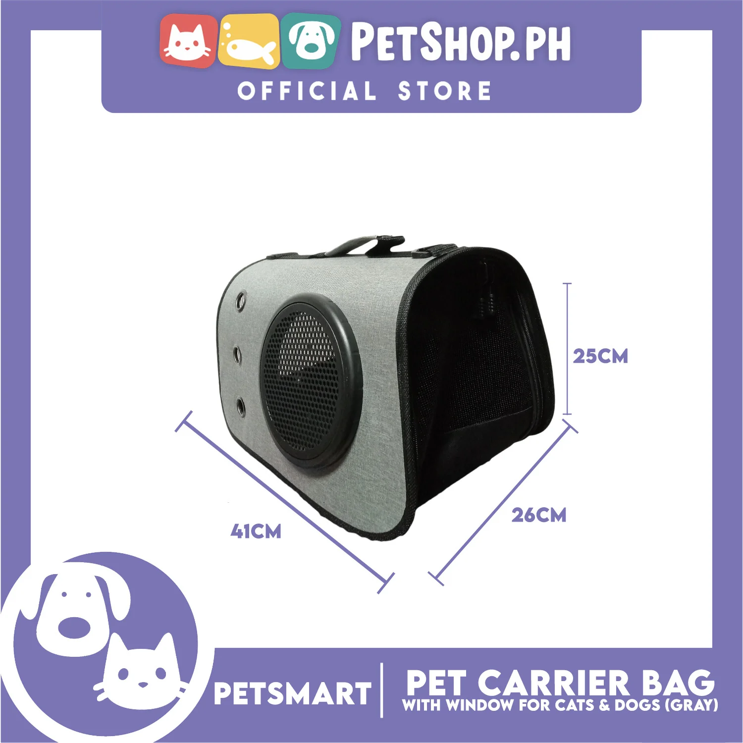 Pet Bag Carrier with Window for Cats and Dogs (Gray) 41cm x 26cm x 25cm - Image 2