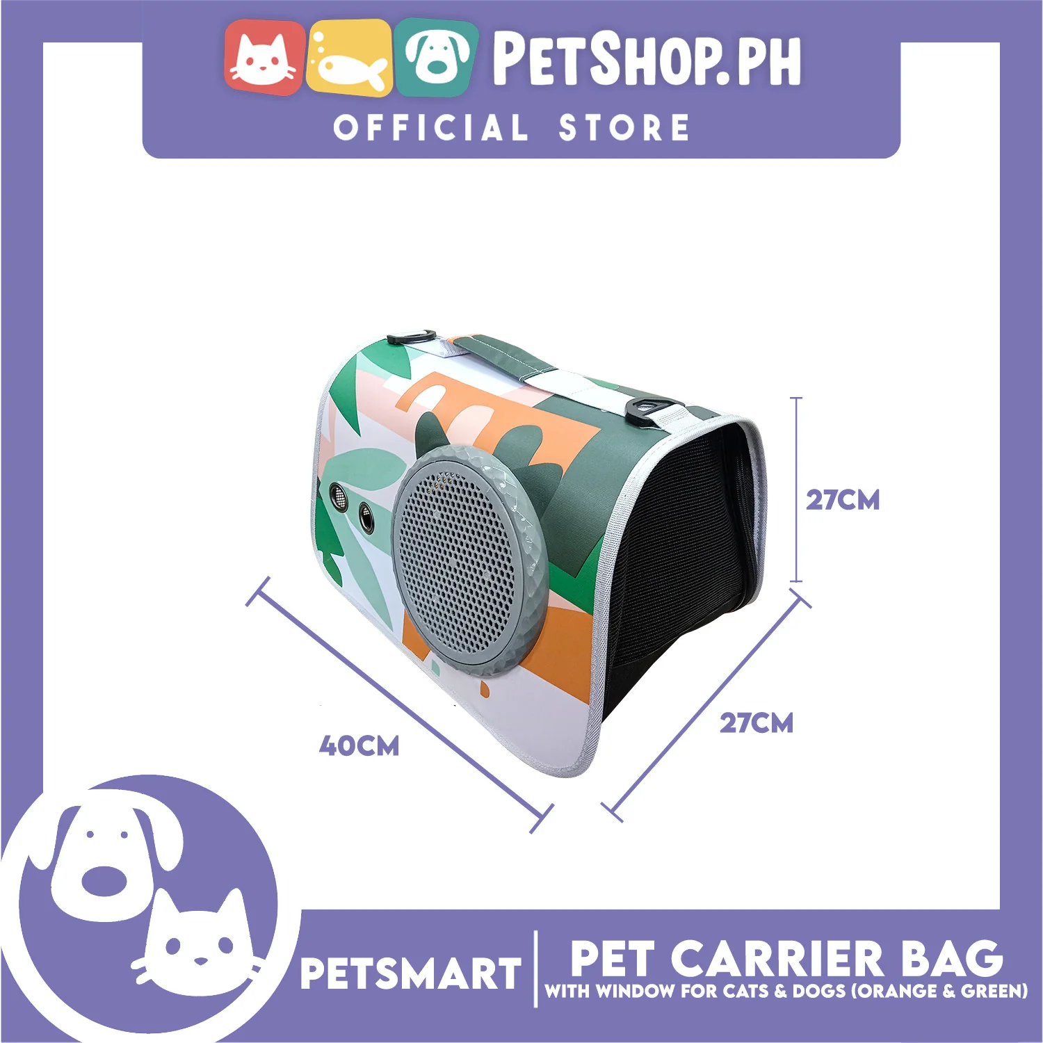 Pet Bag Carrier with Window for Cats and Dogs (Orange and Green) 40cm x 27cm x 27cm - Image 3