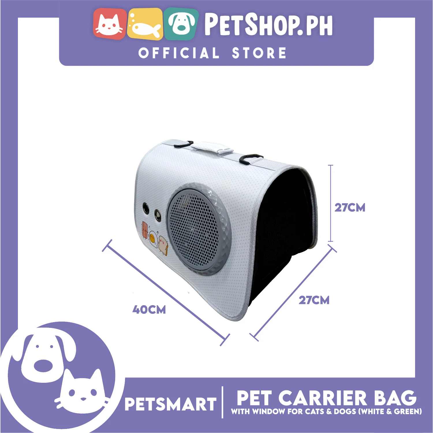 Pet Bag Carrier with Window for Cats and Dogs (White and Green) 40cm x 27cm x 27cm - Image 4