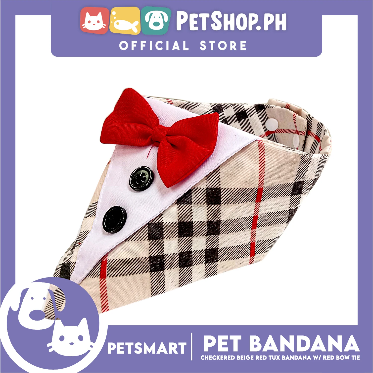 Pet Bandana Checkered Beige Red Tuxedo Bandana with Red Bow Tie Design (Large) Perfect Fit for Dogs and Cats - Image 2