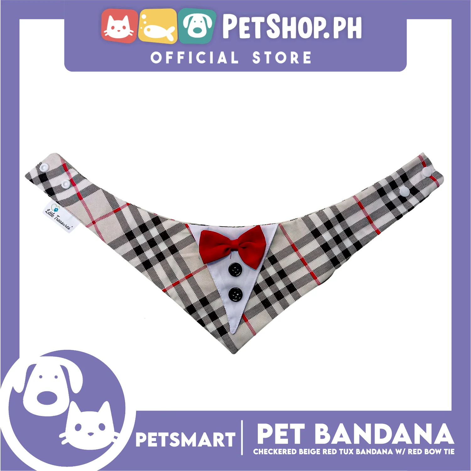 Pet Bandana Checkered Beige Red Tuxedo Bandana with Red Bow Tie Design (Small) Perfect Fit for Dogs and Cats - Image 3