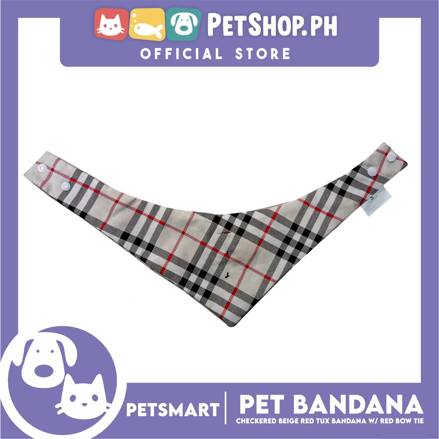 Pet Bandana Checkered Beige Red Tuxedo Bandana with Red Bow Tie Design (Small) Perfect Fit for Dogs and Cats - Image 4