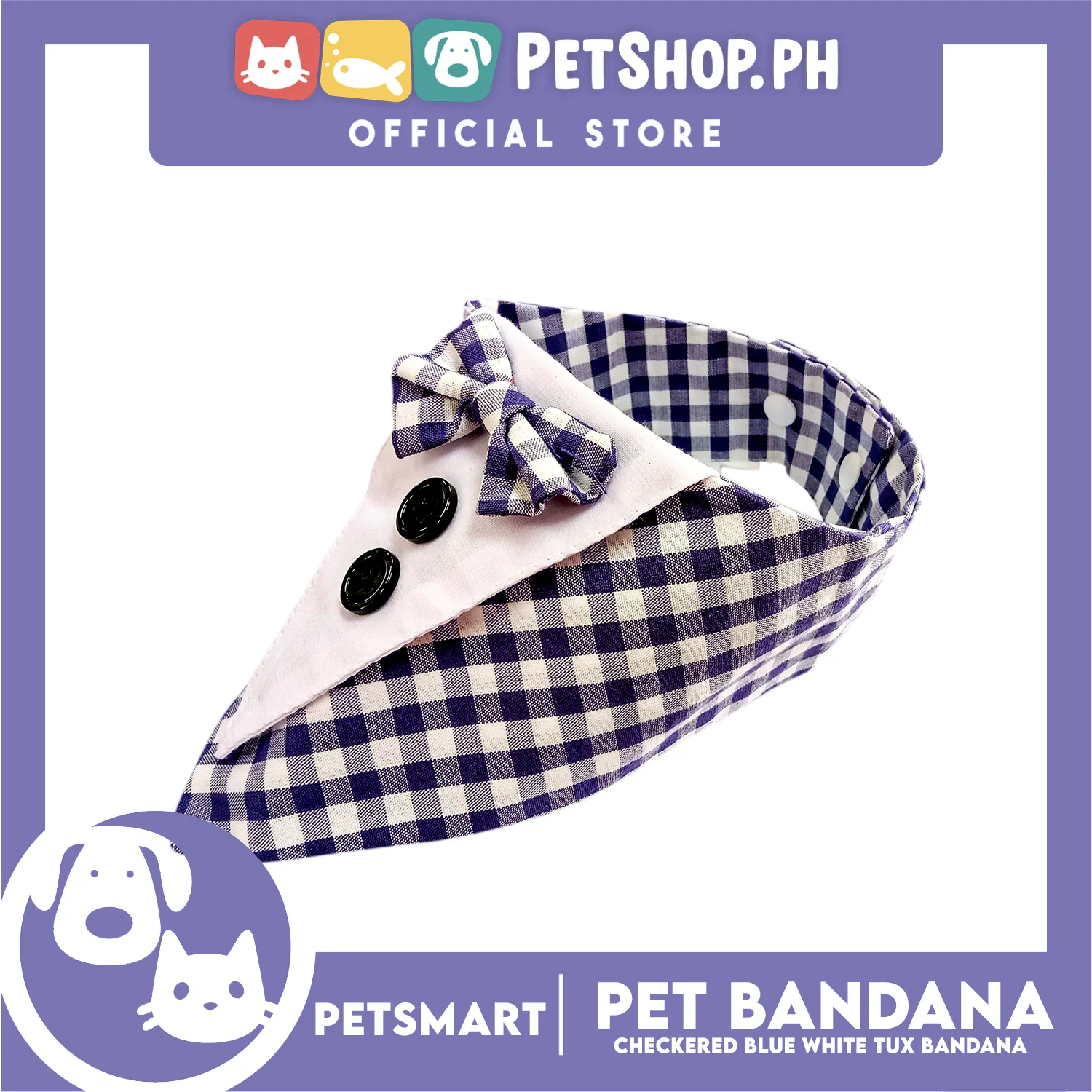 Pet Bandana Checkered Blue White Tuxedo Bandana Design (Small) Perfect Fit for Dogs and Cats - Image 2