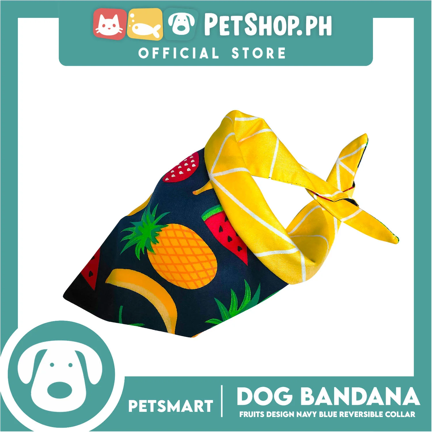 Pet Bandana Collar Scarf Reversible, Fruits Design Navy Blue With Yellow Lines Colors DB-CTN21M (Medium) Perfect Fit For Dogs And Cats, Breathable, Soft Lightweight Pet Bandana - Image 2