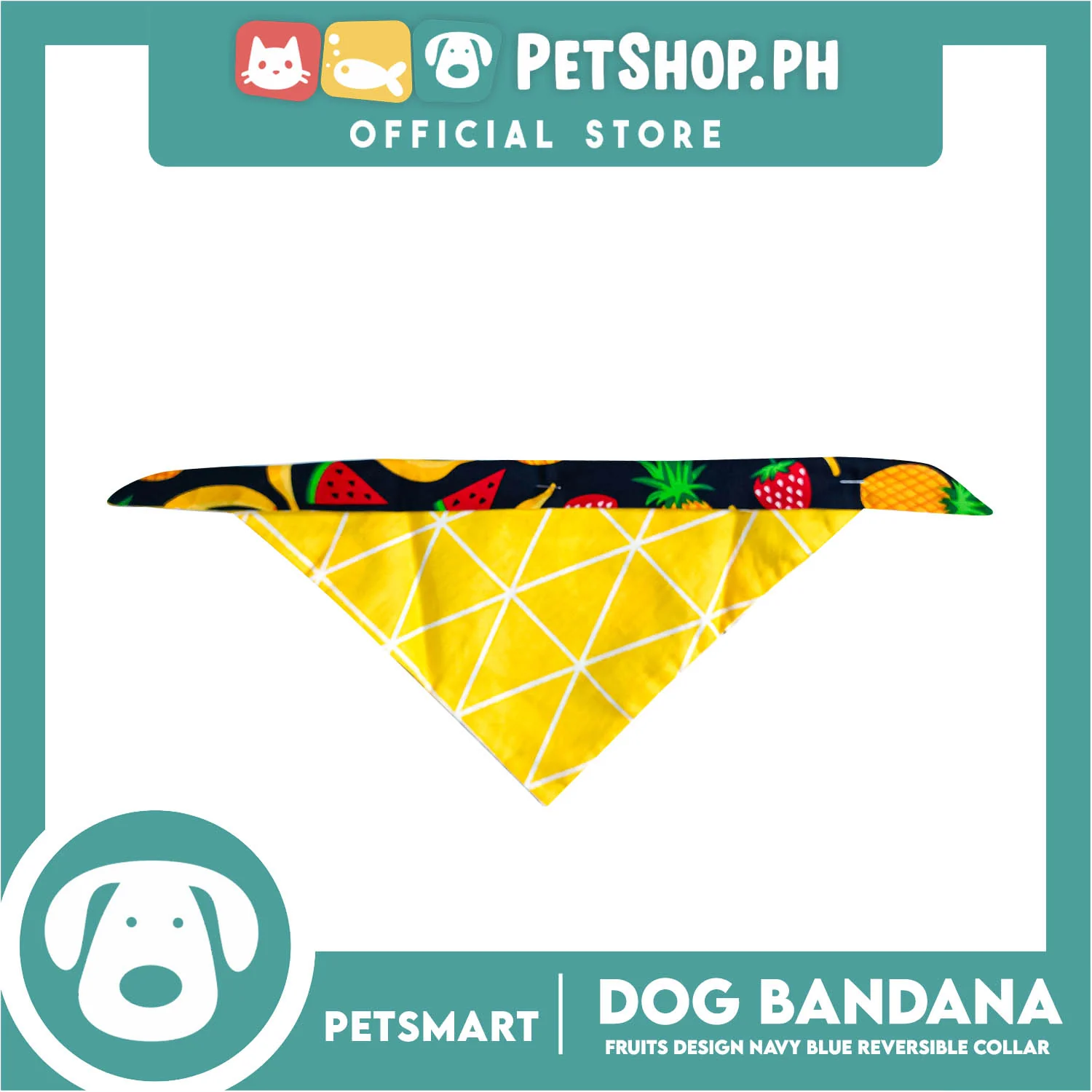 Pet Bandana Collar Scarf Reversible, Fruits Design Navy Blue With Yellow Lines Colors DB-CTN21M (Medium) Perfect Fit For Dogs And Cats, Breathable, Soft Lightweight Pet Bandana - Image 3