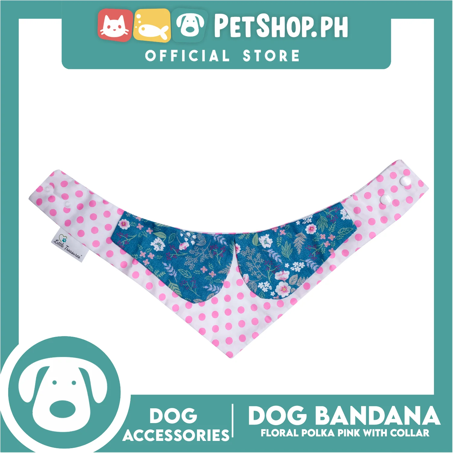 Pet Bandana Collar Scarf Reversible Pink Polka Dots With Blue Floral Designs DB-CTN26L (Large) Perfect Fit For Dogs And Cats, Breathable, Soft Lightweight Pet Bandana - Image 3