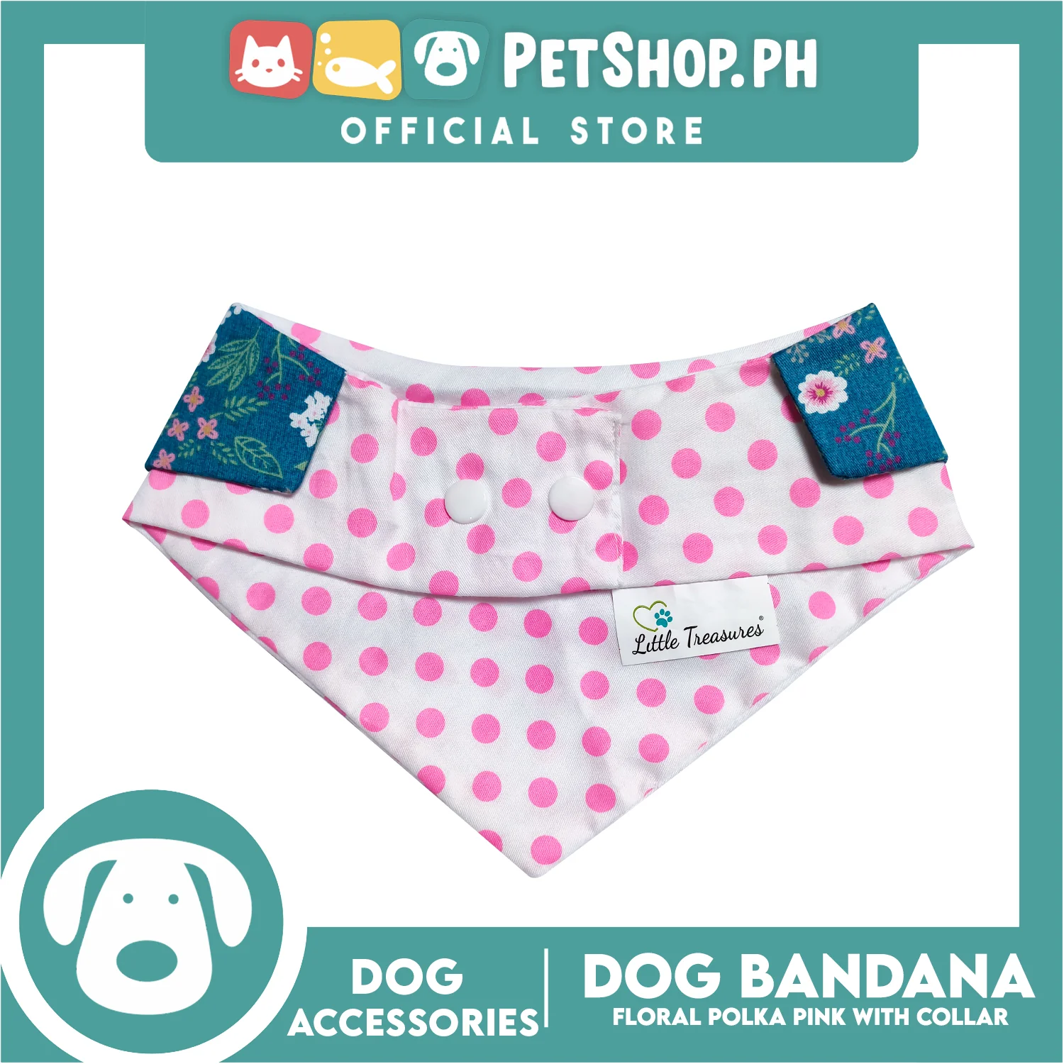 Pet Bandana Collar Scarf Reversible Pink Polka Dots With Blue Floral Designs DB-CTN26L (Large) Perfect Fit For Dogs And Cats, Breathable, Soft Lightweight Pet Bandana - Image 4