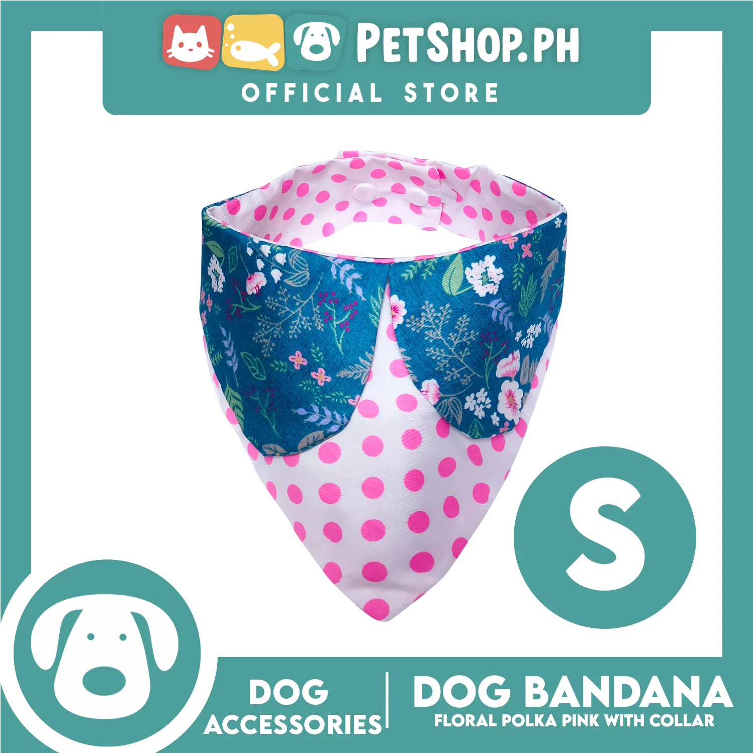 Pet Bandana Collar Scarf Reversible Pink Polka Dots With Blue Floral Designs DB-CTN26S (Small) Perfect Fit For Dogs And Cats, Breathable, Soft Lightweight Pet Bandana