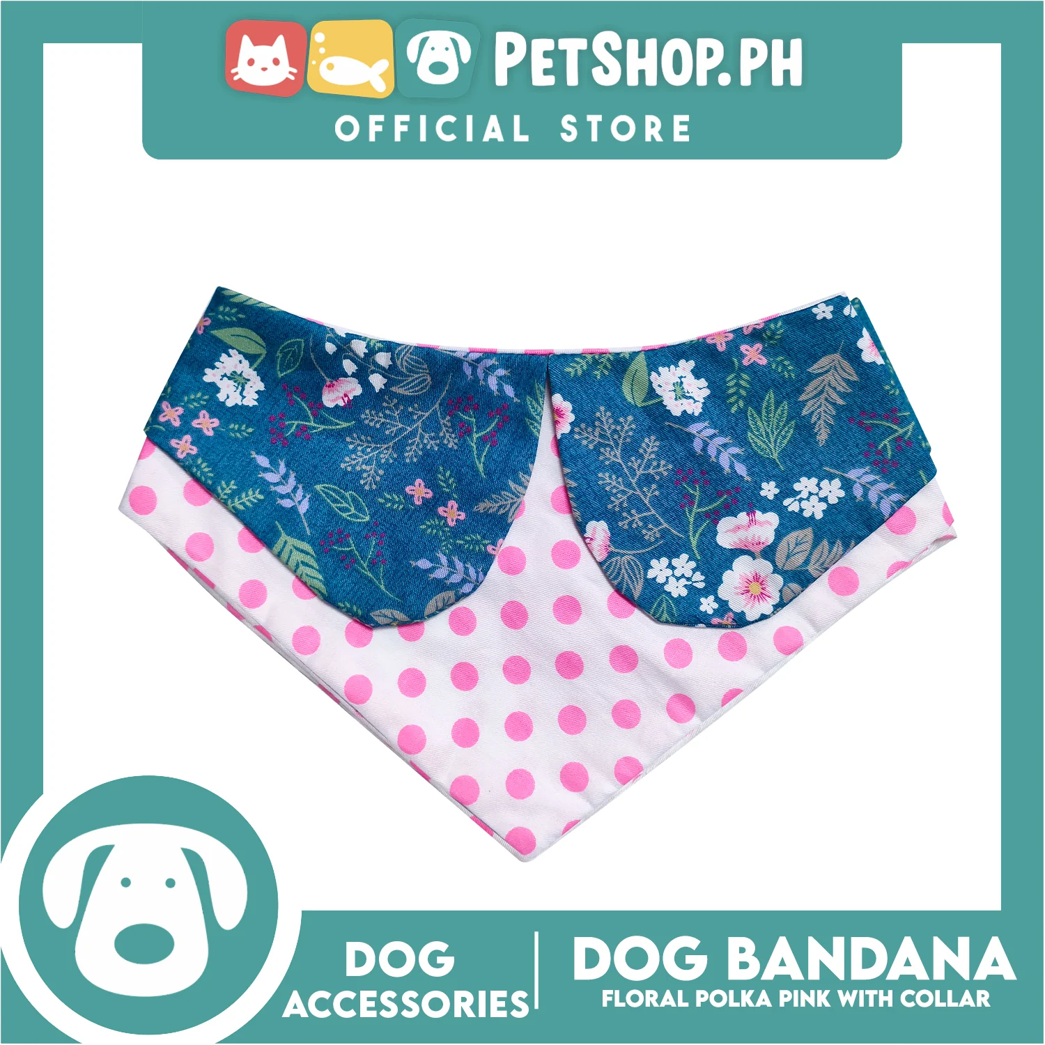 Pet Bandana Collar Scarf Reversible Pink Polka Dots With Blue Floral Designs DB-CTN26S (Small) Perfect Fit For Dogs And Cats, Breathable, Soft Lightweight Pet Bandana - Image 2