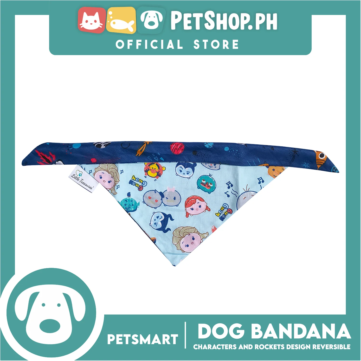 Pet Bandana Collar Scarf Reversible With Characters And Rockets Designs, Blue Color DB-CTN23L (Large) Perfect Fit For Dogs And Cats, Breathable, Soft Lightweight Pet Bandana - Image 2