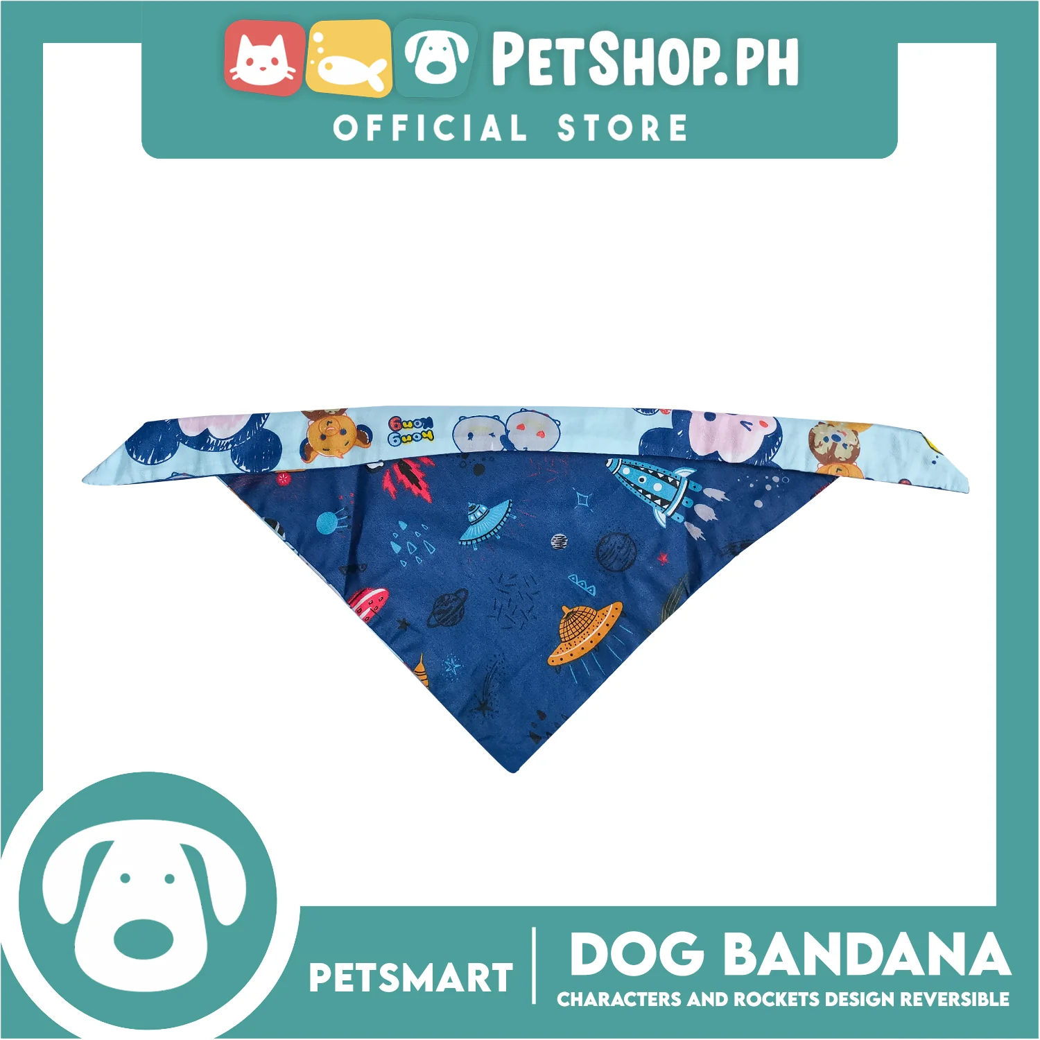 Pet Bandana Collar Scarf Reversible With Characters And Rockets Designs, Blue Color DB-CTN23M (Medium) - Image 3