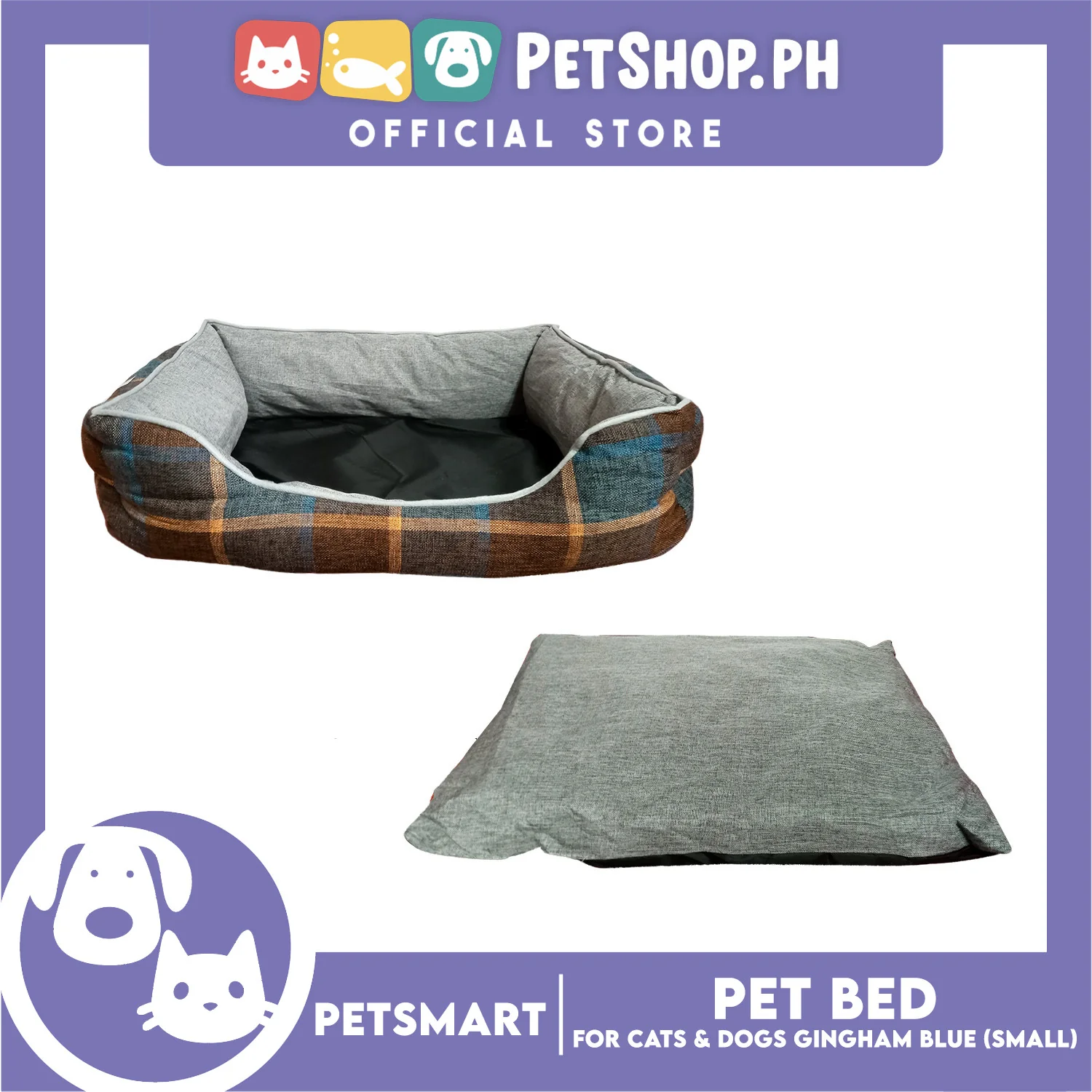 Pet Bed Cat Dog Bed Washable Gingham Black (Small) with removable cushion - Image 4