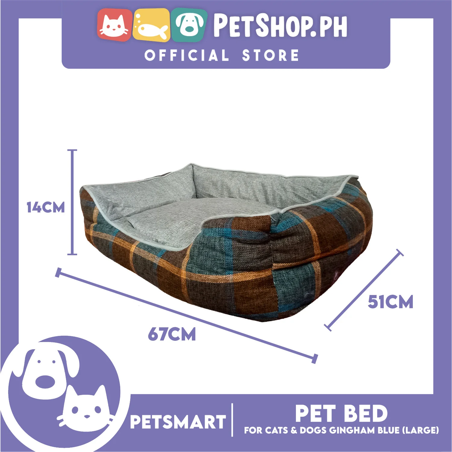 Pet Bed Cat Dog Bed Washable Gingham Blue (Large) with removable cushion - Image 4