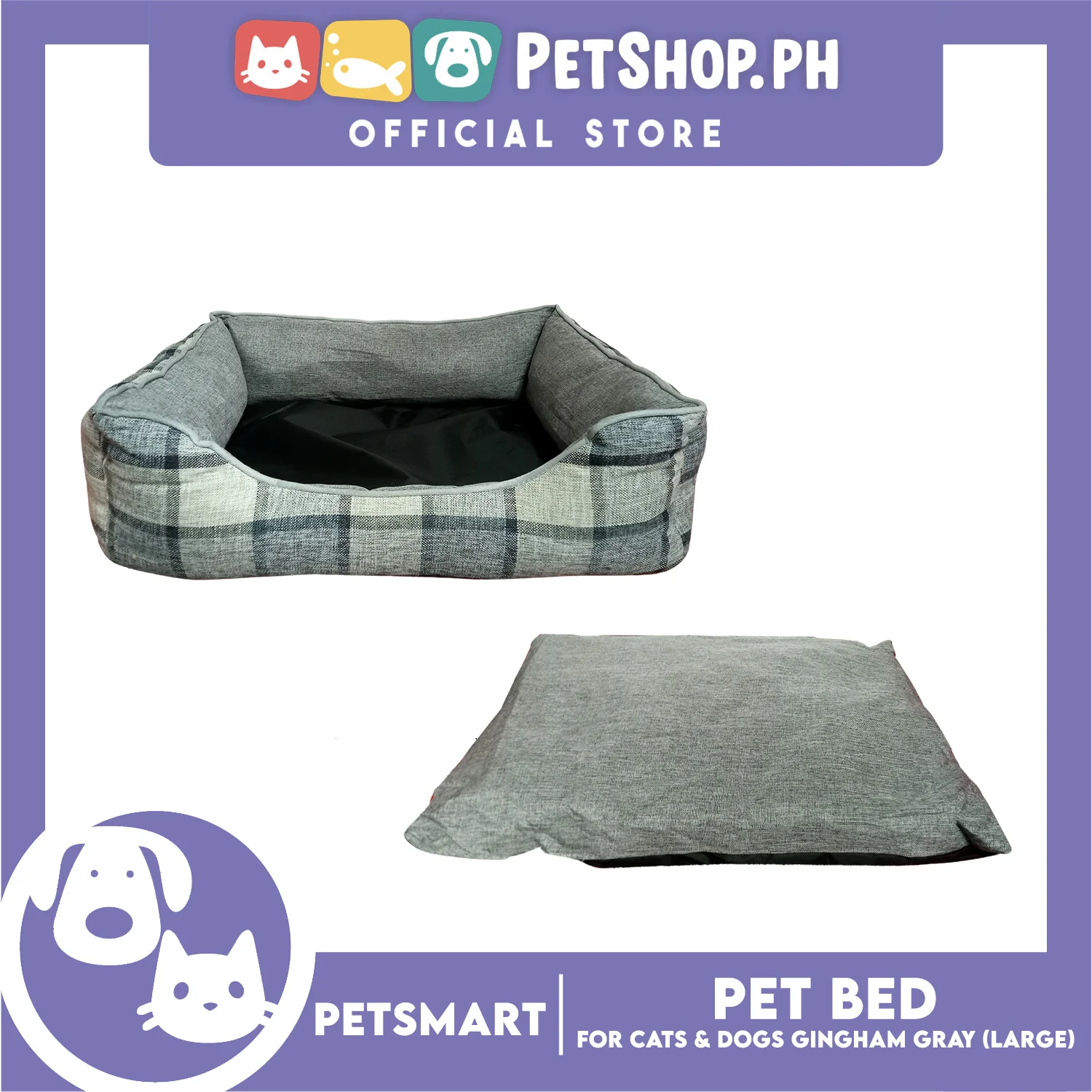 Pet Bed Cat Dog Bed Washable Gingham Gray (Large) with removable cushion - Image 6