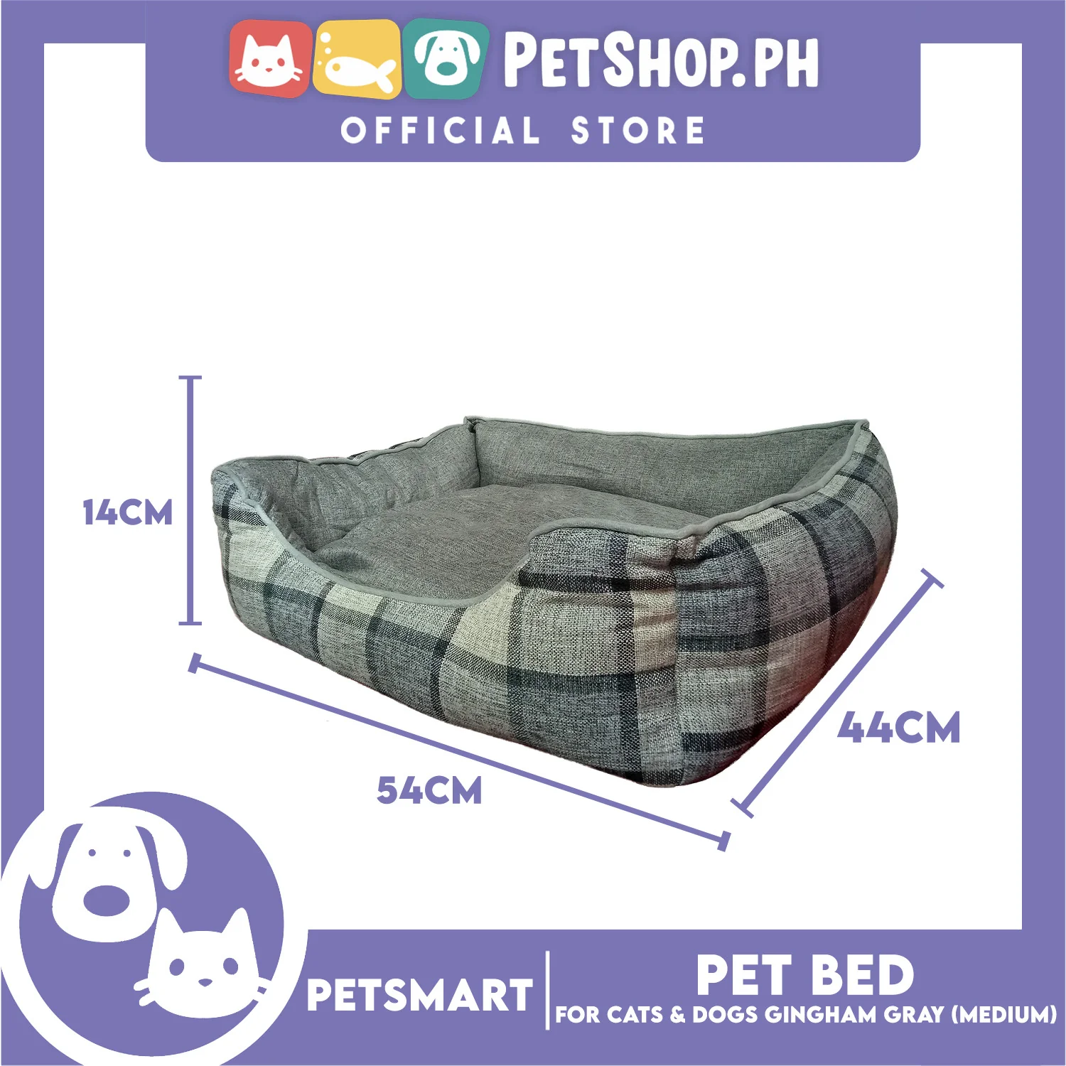 Pet Bed Cat Dog Bed Washable Gingham Gray (Medium) with removable cushion - Image 2