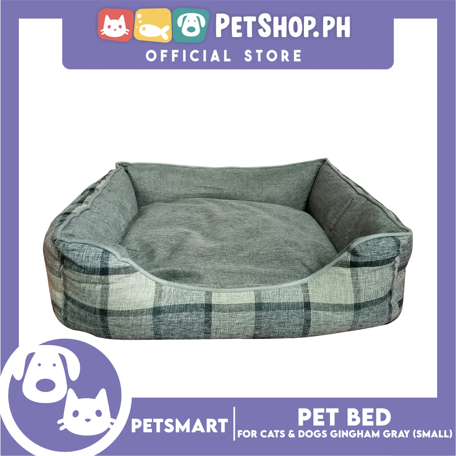 Pet Bed Cat Dog Bed Washable Gingham Gray (Small) with removable cushion - Image 2