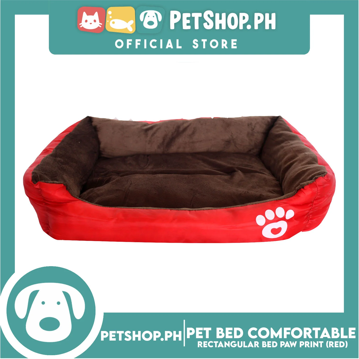 Pet Bed Comfortable Rectangular Pet Bed with Paw Print 62x50x12cm Medium for Dogs & Cats (Red) - Image 2