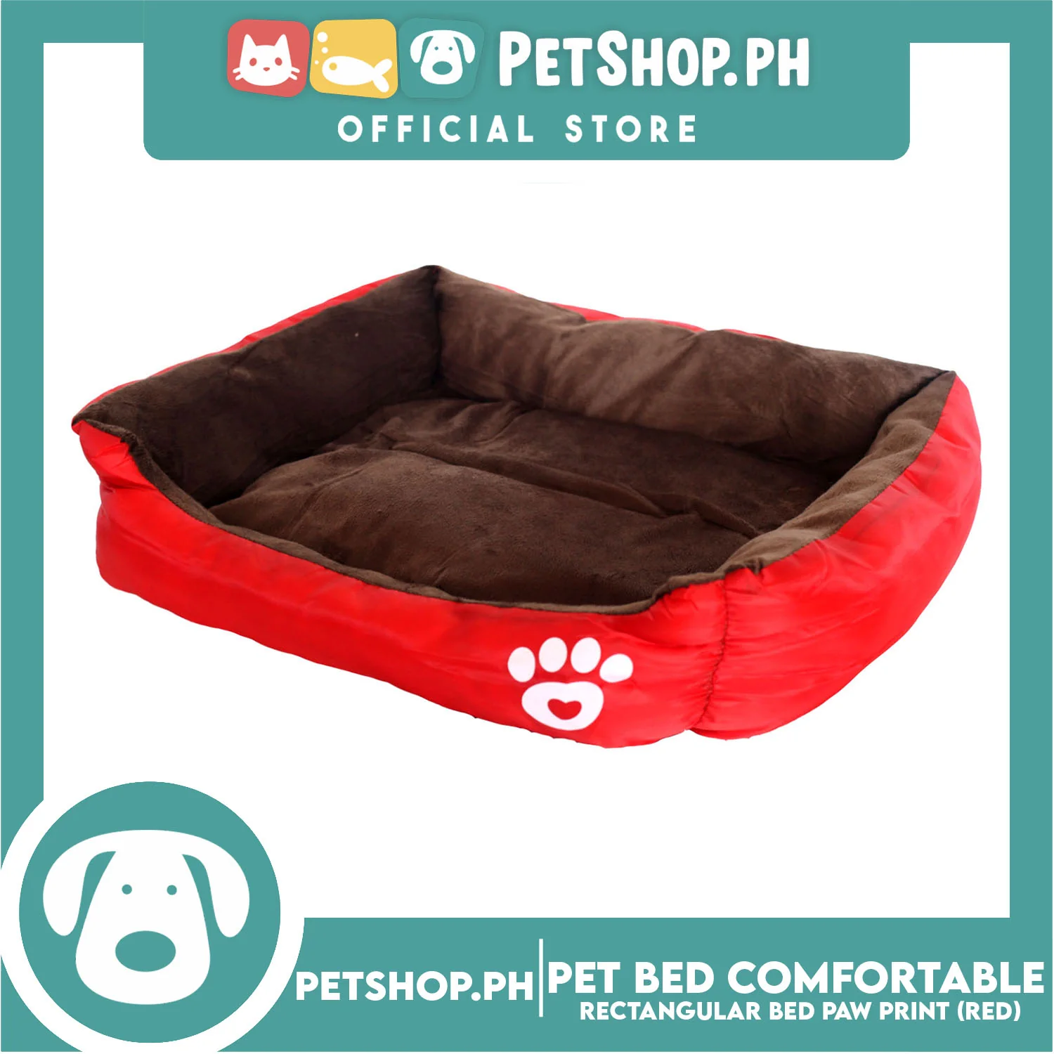 Pet Bed Comfortable Rectangular Pet Bed with Paw Print 62x50x12cm Medium for Dogs & Cats (Red) - Image 3