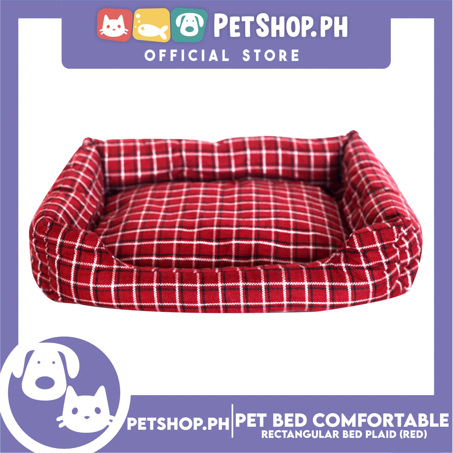 Pet Bed Comfortable Rectangular Pet Bed Plaid Design 42x33x8cm Small for Dogs & Cats (Red) - Image 2