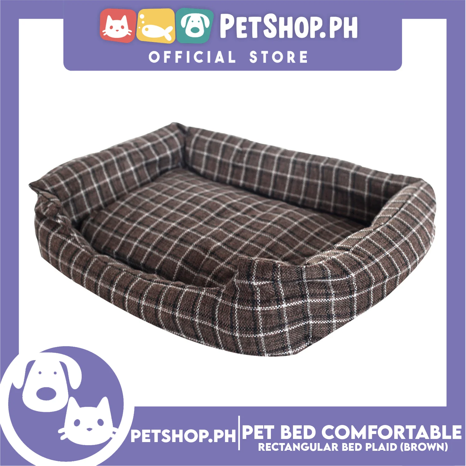 Pet Bed Comfortable Rectangular Pet Bed Plaid Design 63x50x10cm Large for Dogs & Cats (Brown) - Image 3