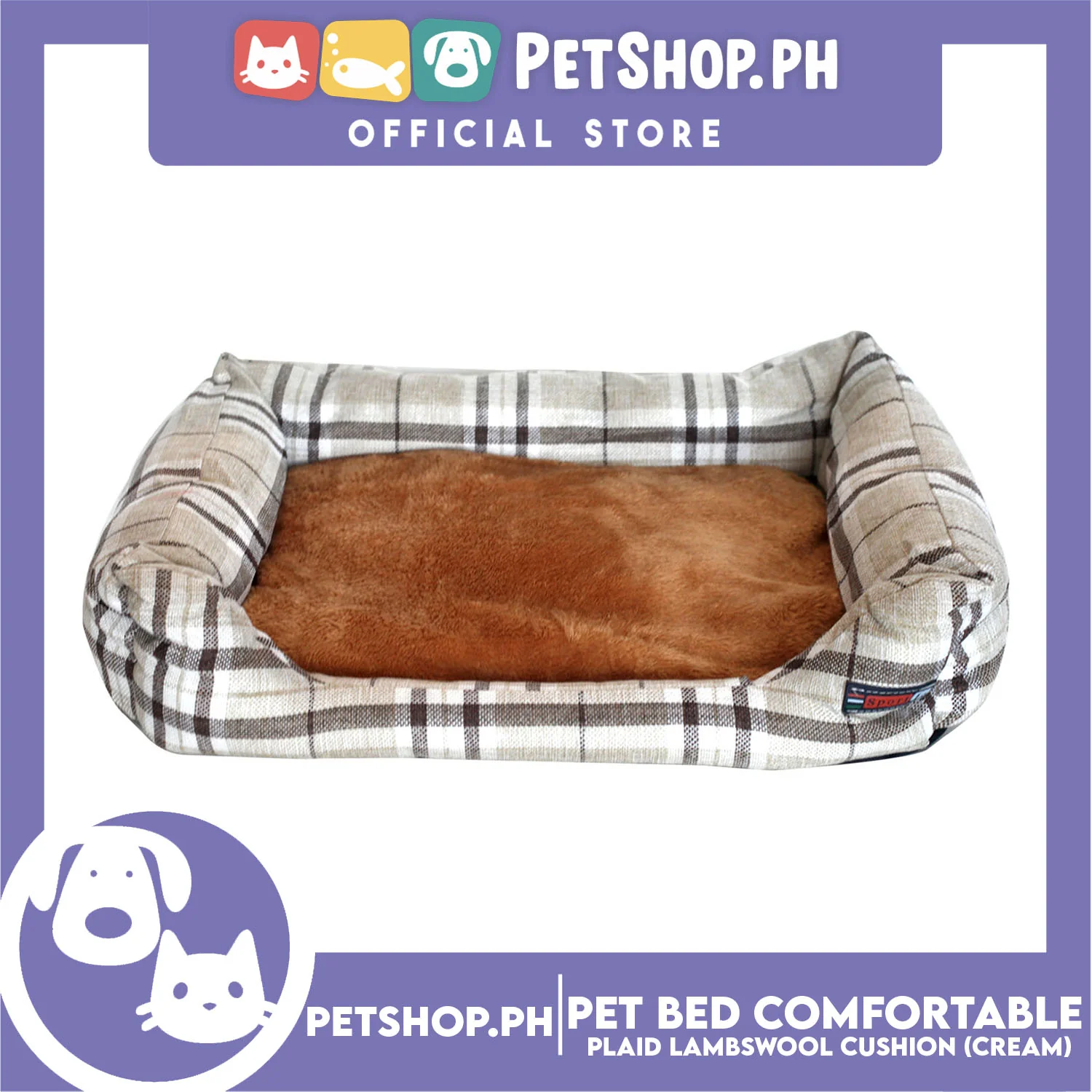 Pet Bed Comfortable Sleeping Bed Plaid Cotton Design with Lambswool Cushion 52x40x10cm Small (Cream) - Image 2