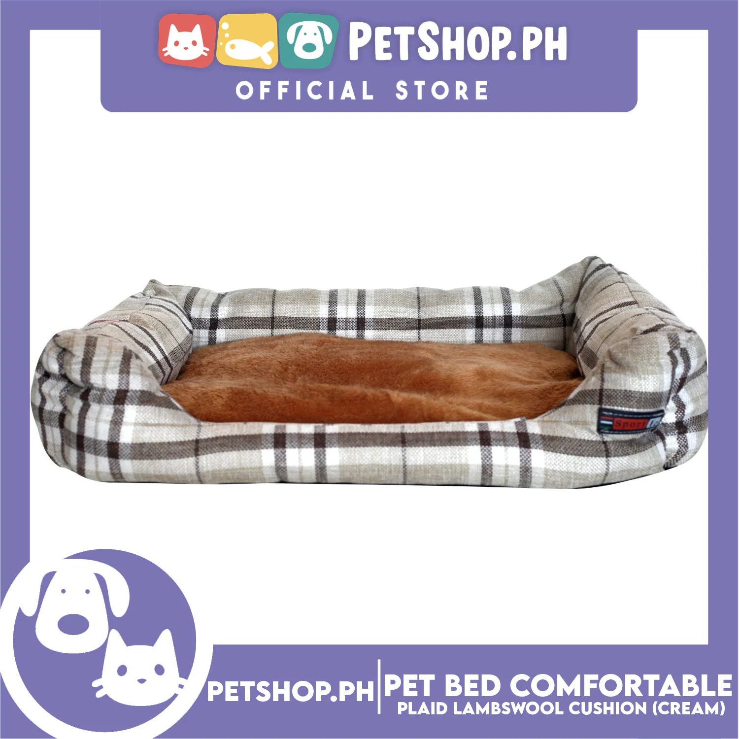 Pet Bed Comfortable Sleeping Bed Plaid Cotton Design with Lambswool Cushion 62x45x12cm Medium (Cream