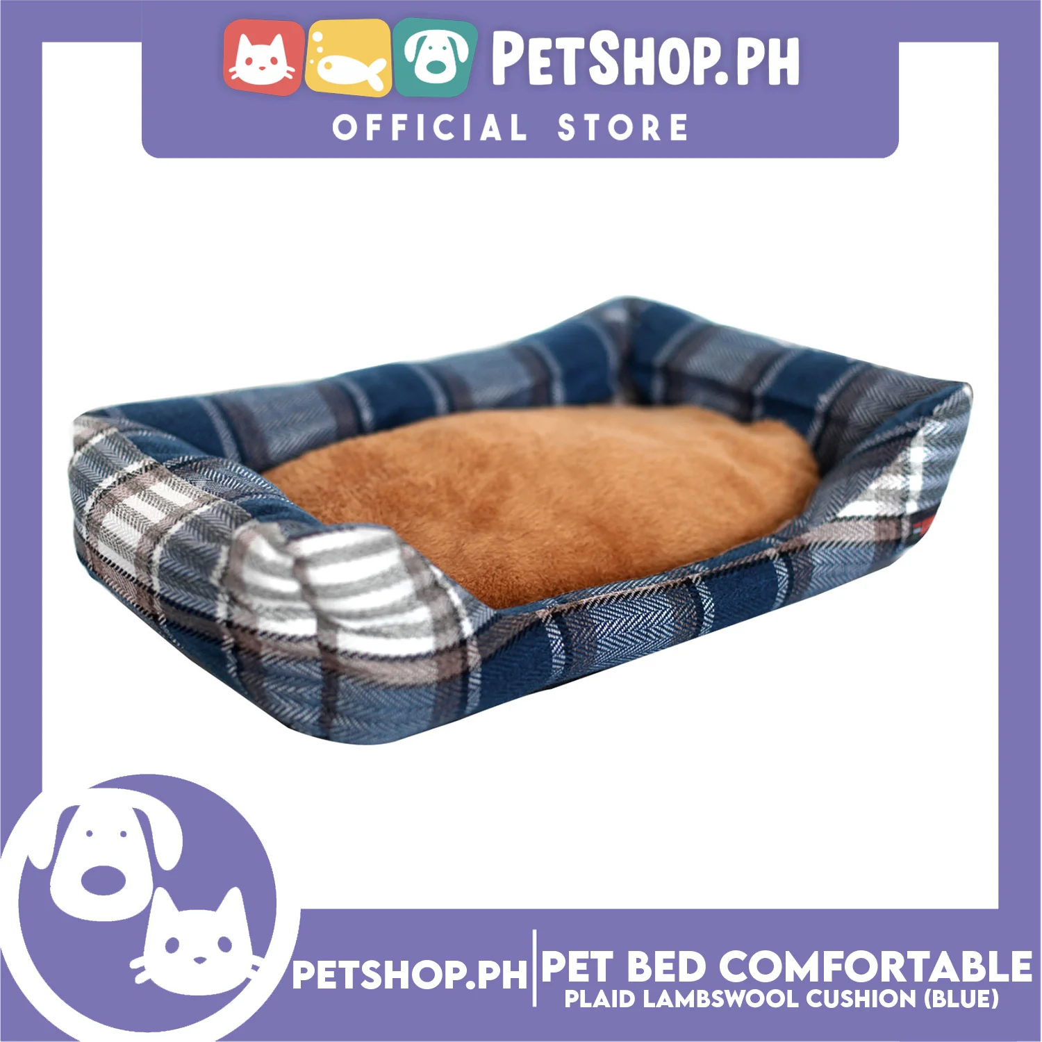 Pet Bed Comfortable Sleeping Bed Plaid Cotton Design with Lambswool Cushion 70x53x11cm Large (Blue) - Image 3