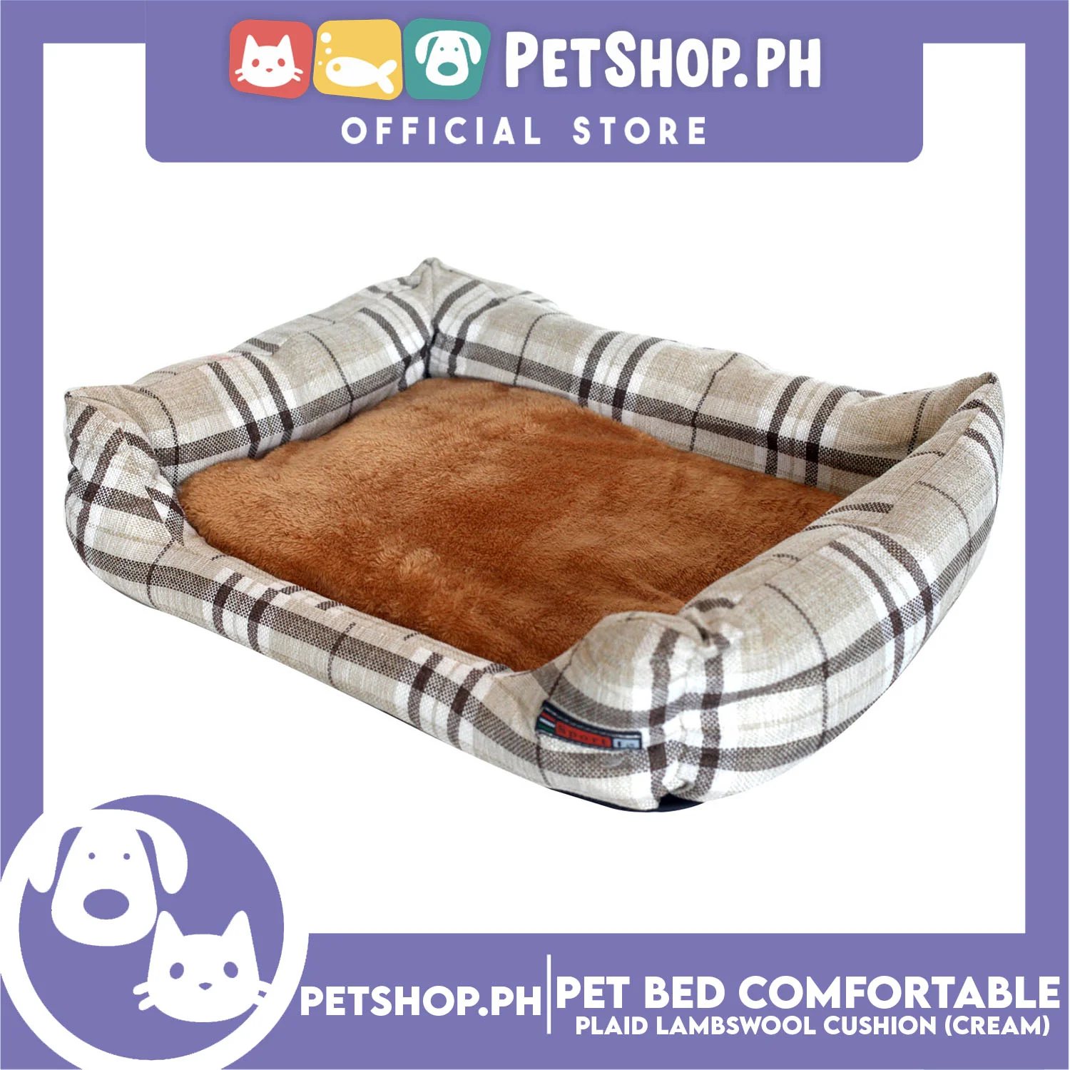 Pet Bed Comfortable Sleeping Bed Plaid Cotton Design with Lambswool Cushion 70x53x11cm Large (Cream) - Image 3
