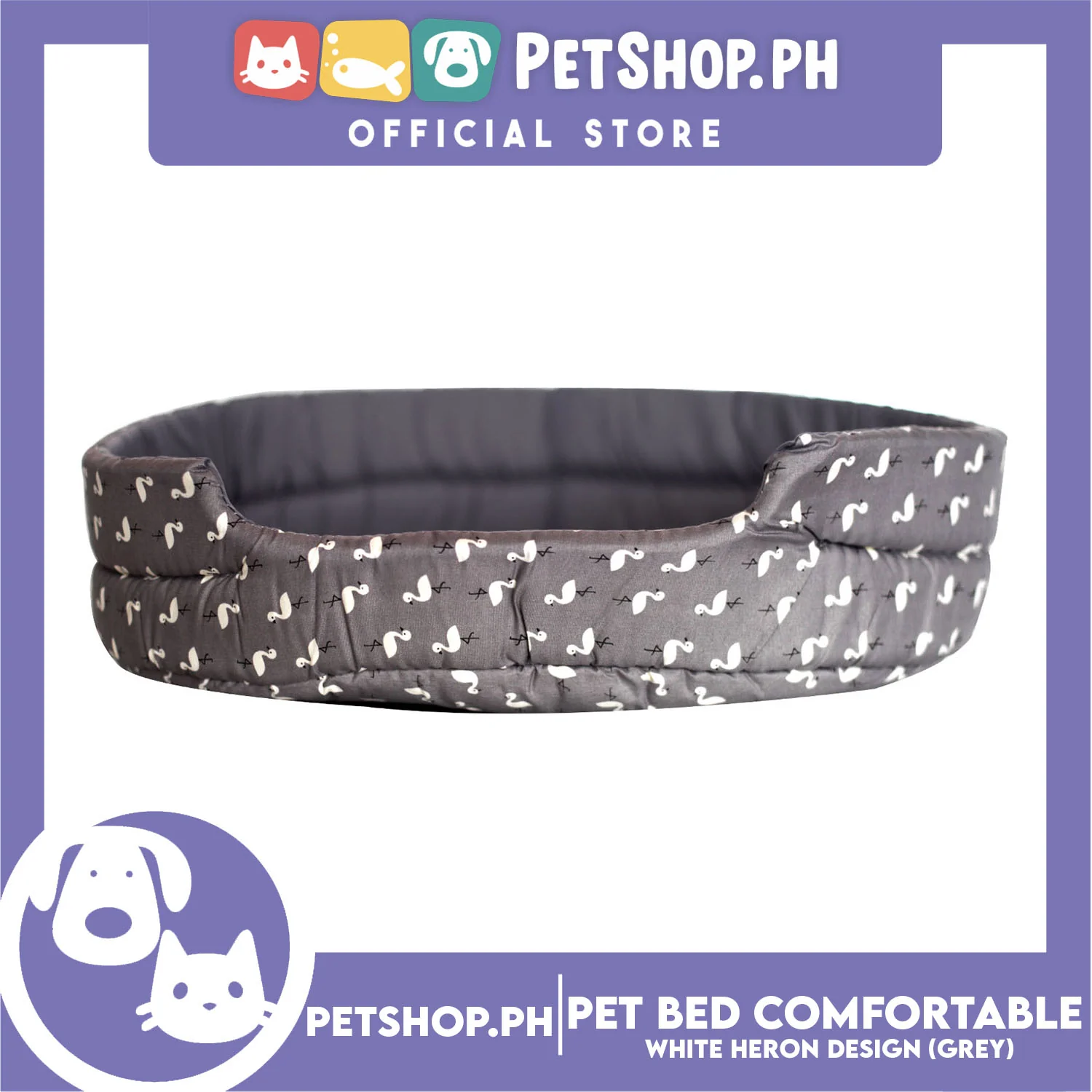 Pet Bed Comfortable Sleeping Bed with White Heron Design 50x40x12cm for Dogs & Cats Grey