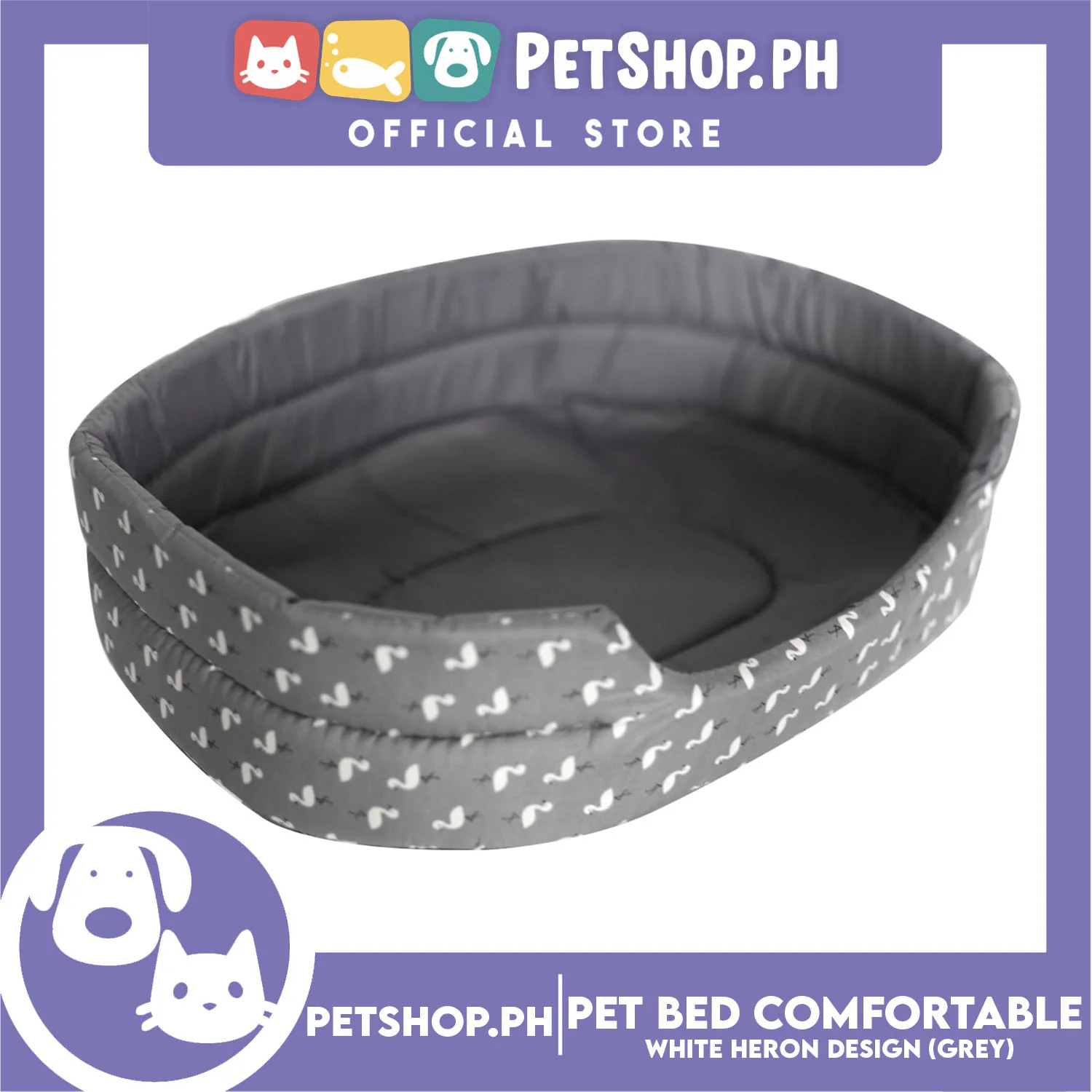 Pet Bed Comfortable Sleeping Bed with White Heron Design 65x55x17cm for Dogs & Cats Grey - Image 4