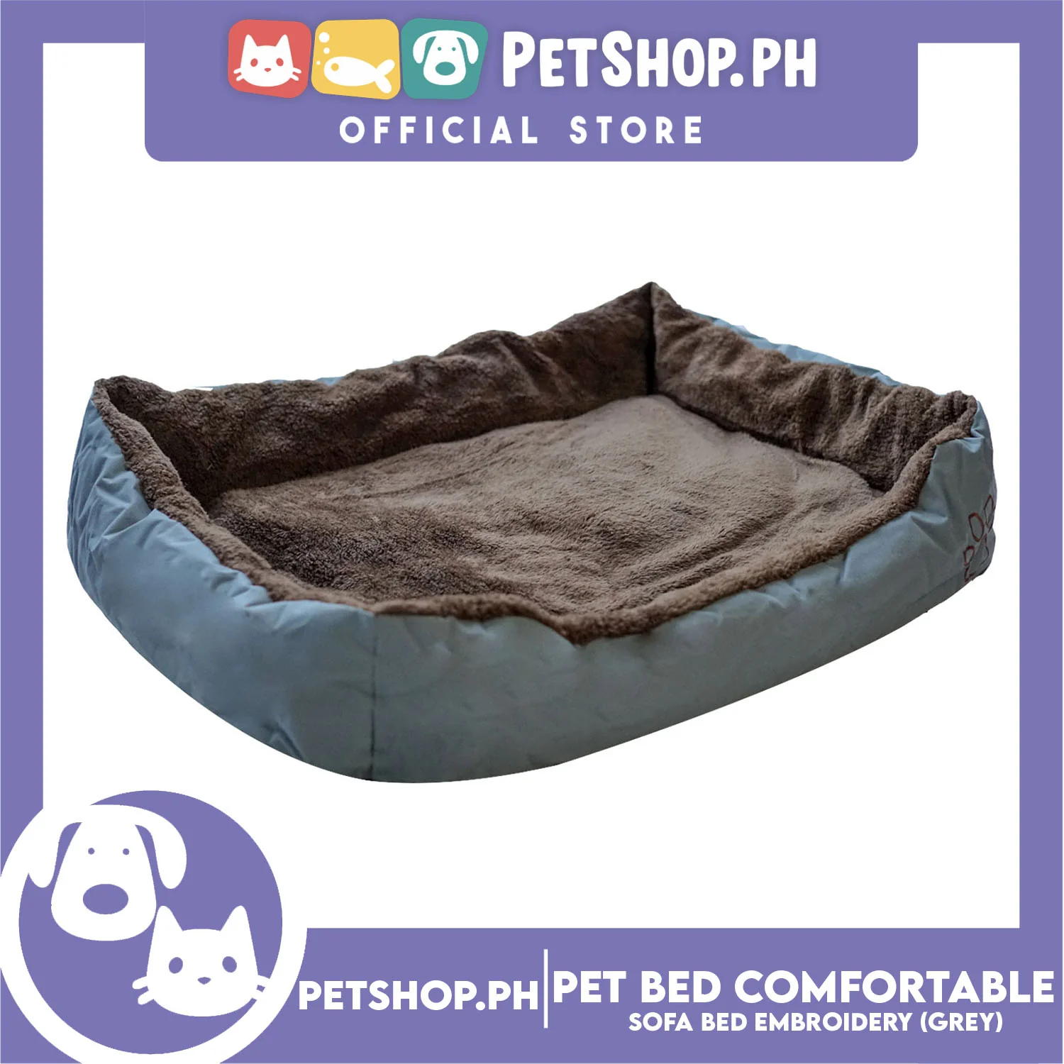 Pet Bed Comfortable Sofa Bed with Paw Embroidery Design 110x80x16cm XL for Dogs & Cats (Gray) - Image 2