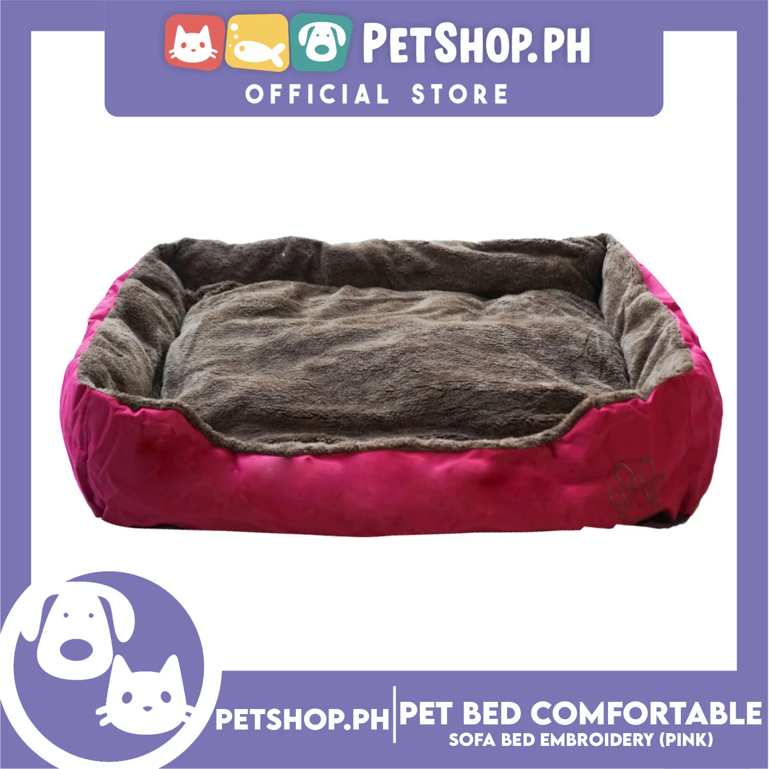Pet Bed Comfortable Sofa Bed with Paw Embroidery Design 110x80x16cm XL for Dogs & Cats (Pink) - Image 2