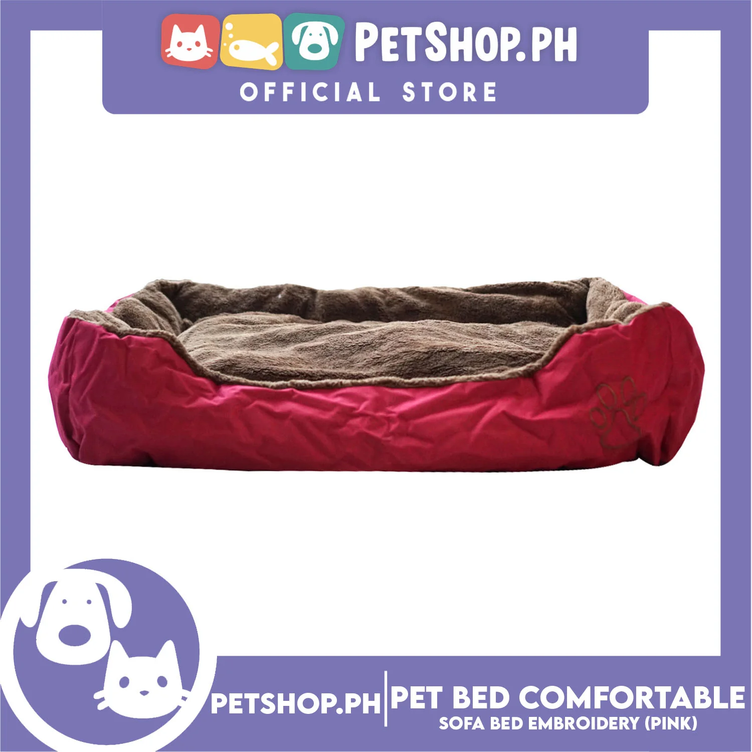 Pet Bed Comfortable Sofa Bed with Paw Embroidery Design 80x60x16cm Medium for Dogs & Cats (Pink)