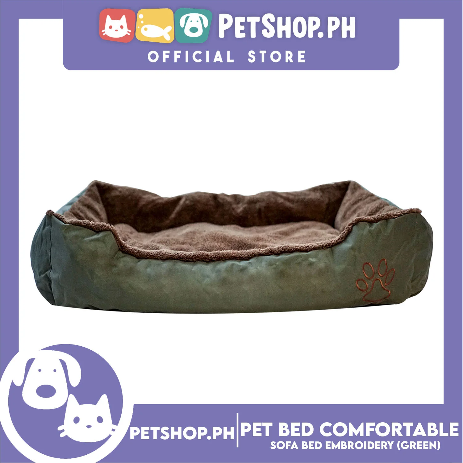 Pet Bed Comfortable Sofa Bed with Paw Embroidery Design 90x75x16cm Large for Dogs & Cats (Green)