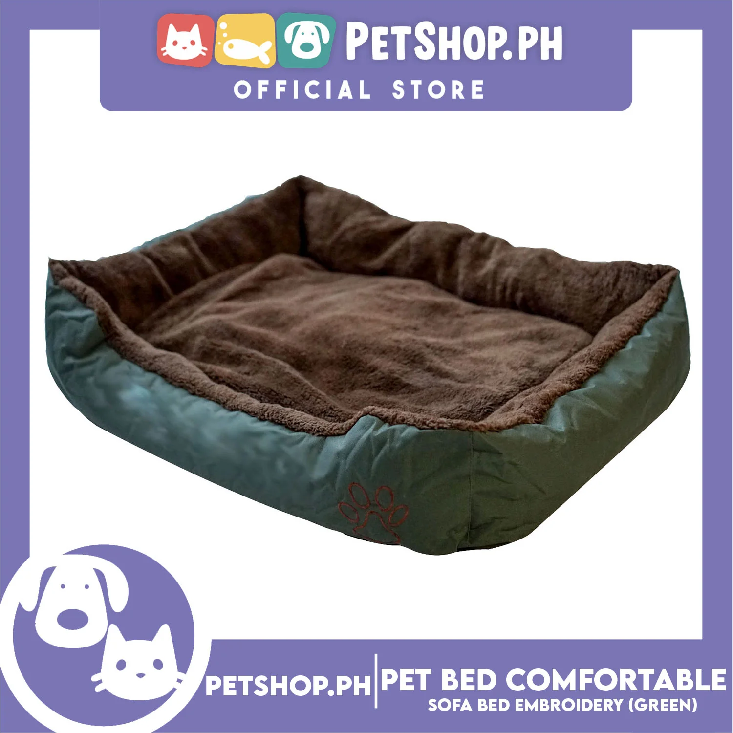 Pet Bed Comfortable Sofa Bed with Paw Embroidery Design 90x75x16cm Large for Dogs & Cats (Green) - Image 2