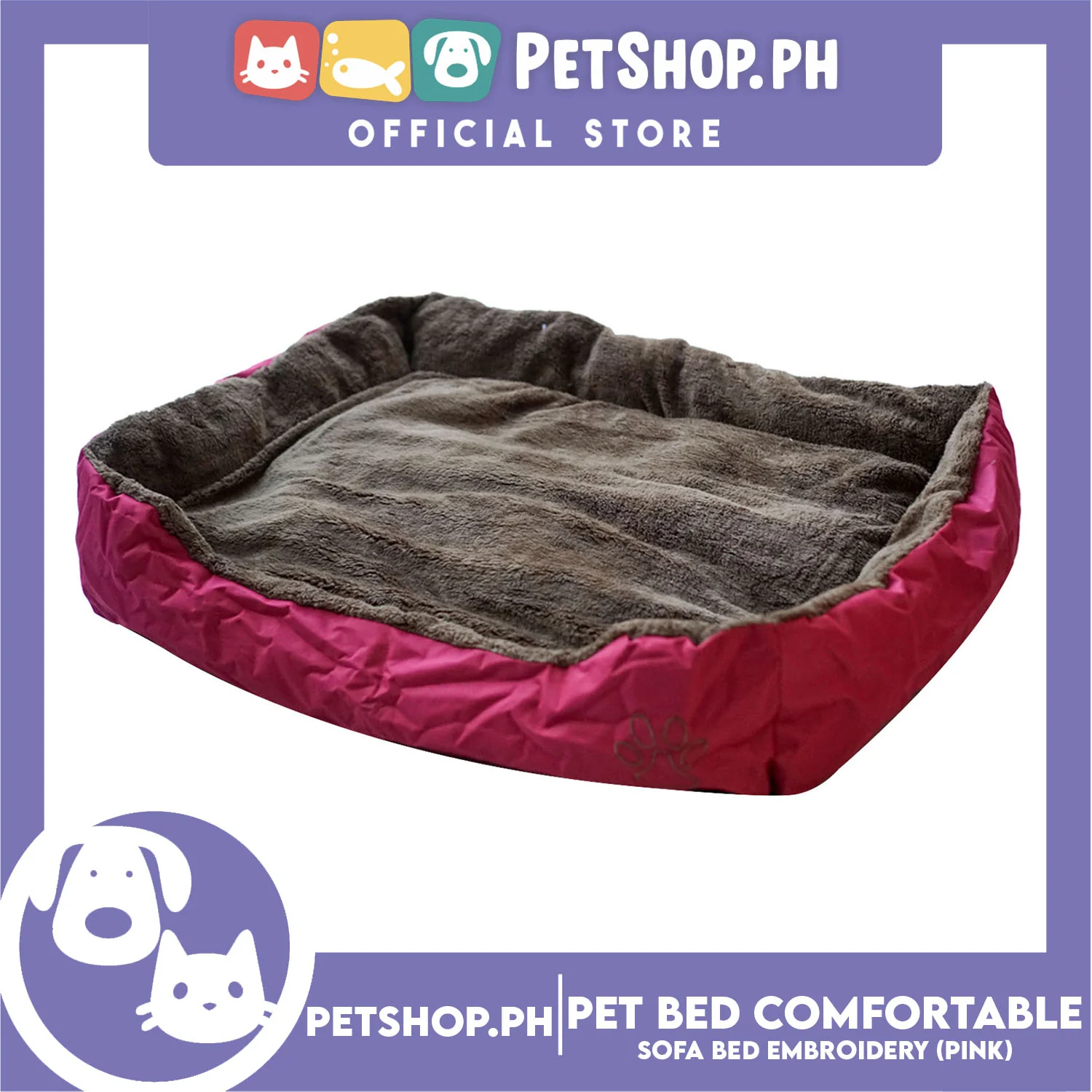 Pet Bed Comfortable Sofa Bed with Paw Embroidery Design 90x75x16cm Large for Dogs & Cats (Pink) - Image 2