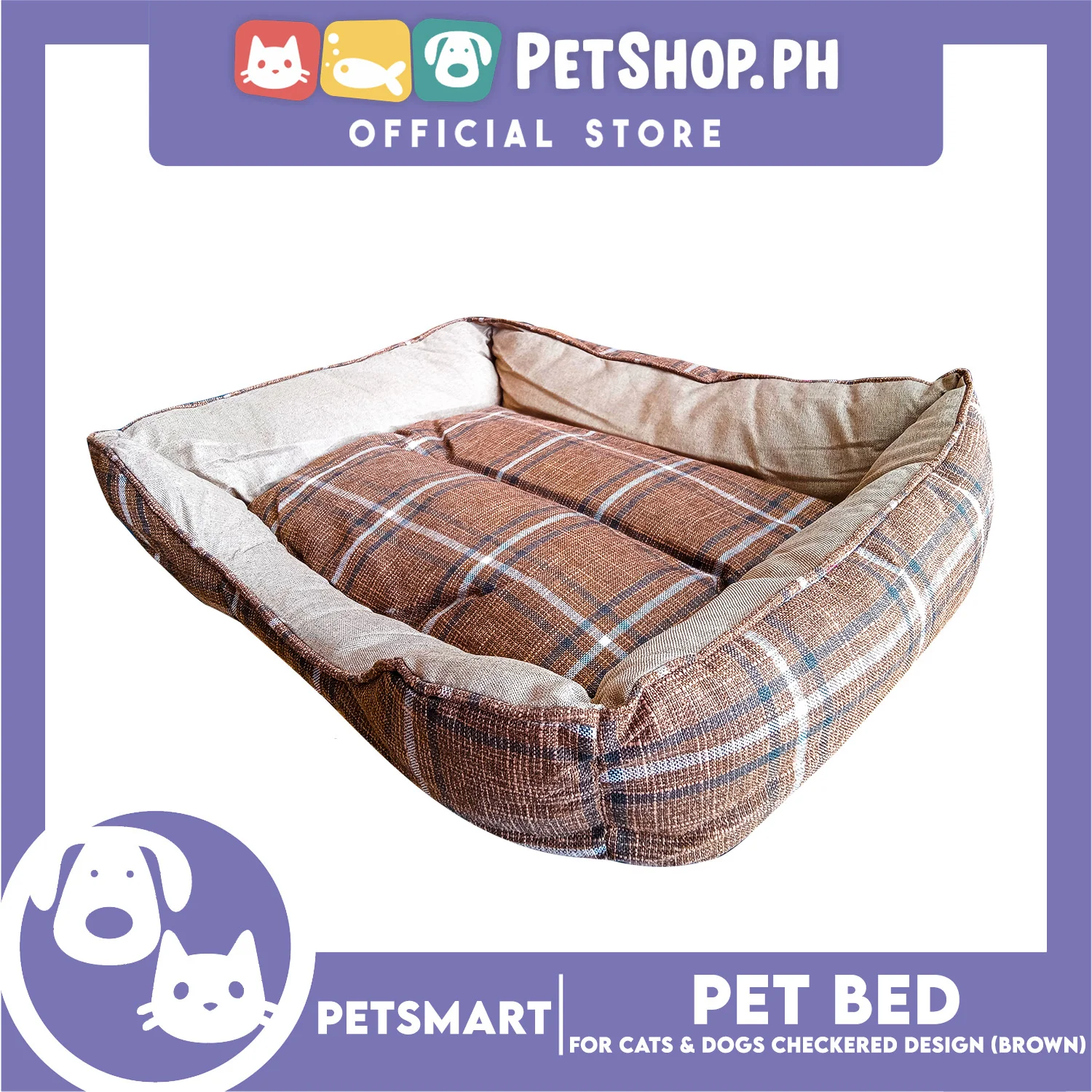Pet Bed Soft and Comfortable Sleeping Bed (Small) Checkered Brown for Cats and Dogs - Image 2