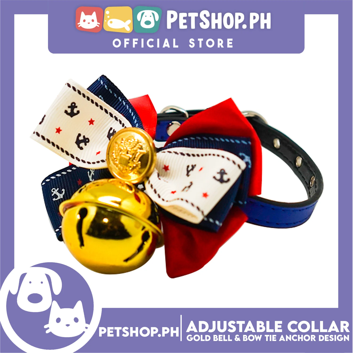 Pet Collar Adjustable with Gold Bell and Bow Tie Anchor Design, Leather Cat Collar, Necklace Bow Tie for Kitten and Puppies