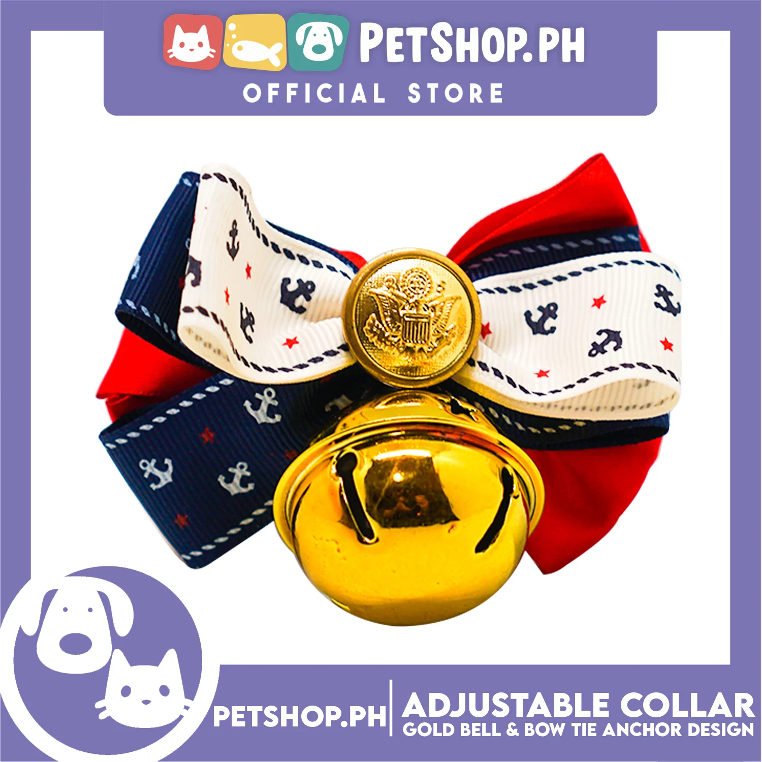 Pet Collar Adjustable with Gold Bell and Bow Tie Anchor Design, Leather Cat Collar, Necklace Bow Tie for Kitten and Puppies - Image 3