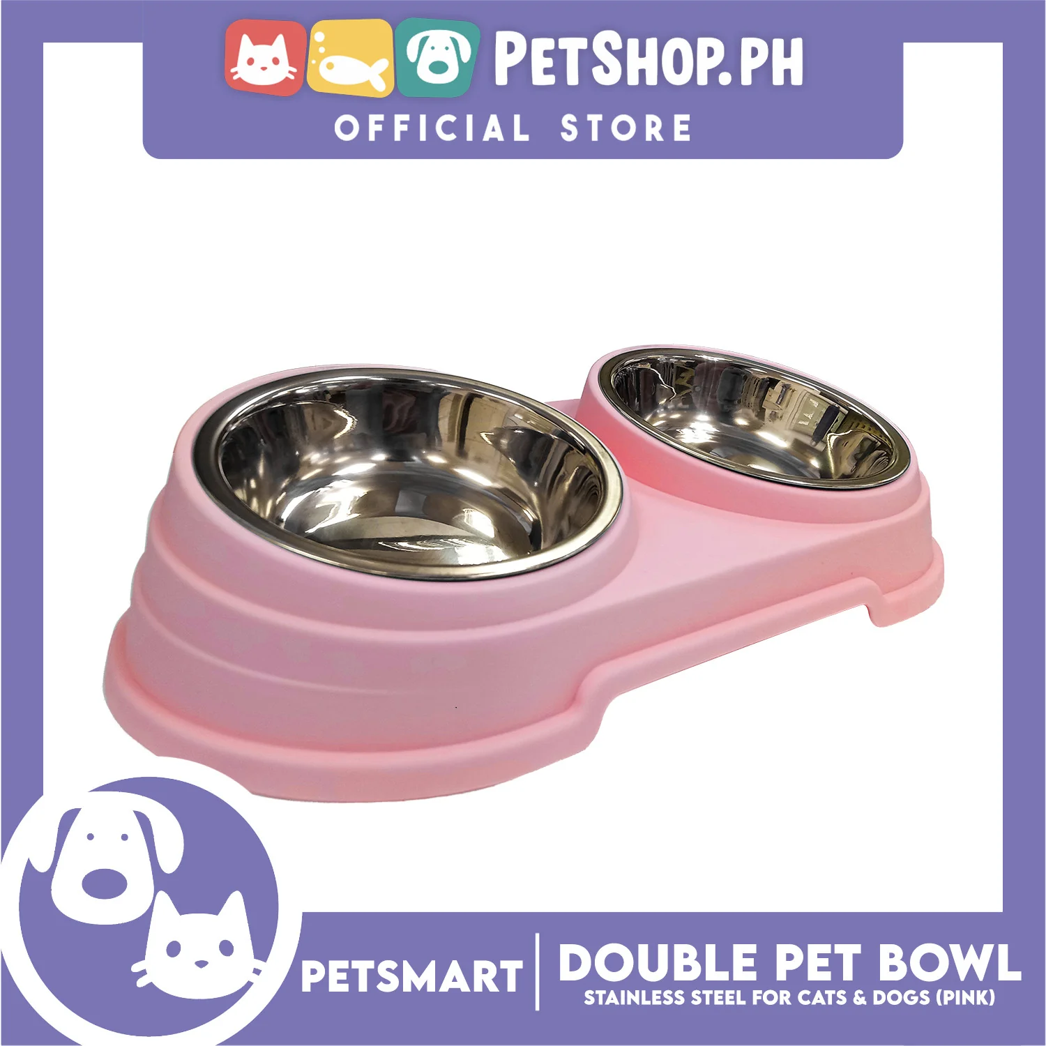Pet Double Bowl Stainless Steel for Cats and Dogs, Pink Color (Small) - Image 2