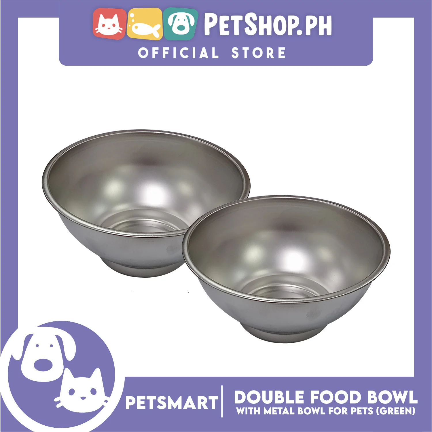 Pet Double Food Bowl With Metal Bowl (Green) Cute Animal Design - Image 4