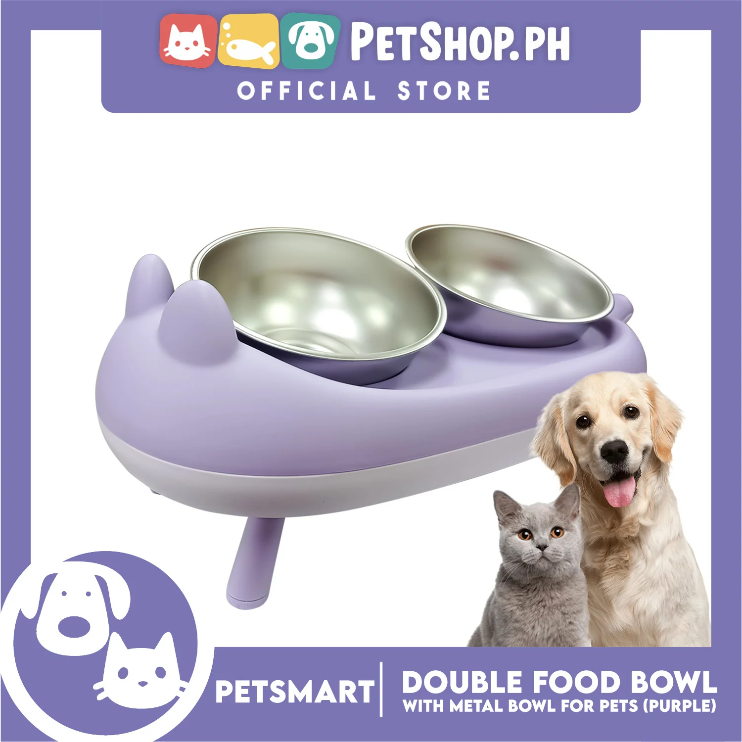 Pet Double Food Bowl With Metal Bowl (Purple) Cute Animal Design