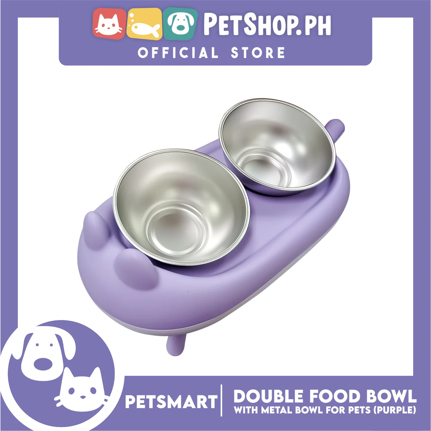 Pet Double Food Bowl With Metal Bowl (Purple) Cute Animal Design - Image 4